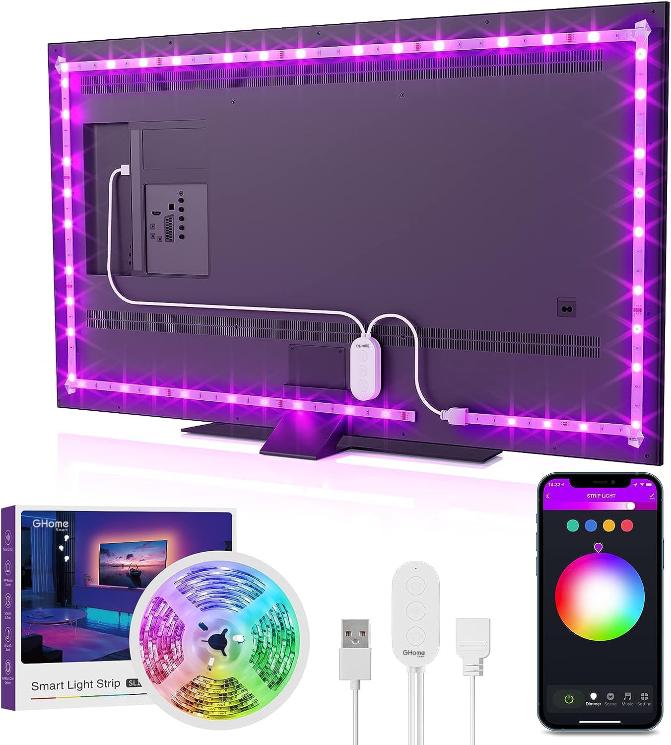 Ghome Smart Sl1 Tv Led Backlight, Smart Wifi Strip Light Compatible With Alexa And Google Home, App Control, Music Sync 16 Milli