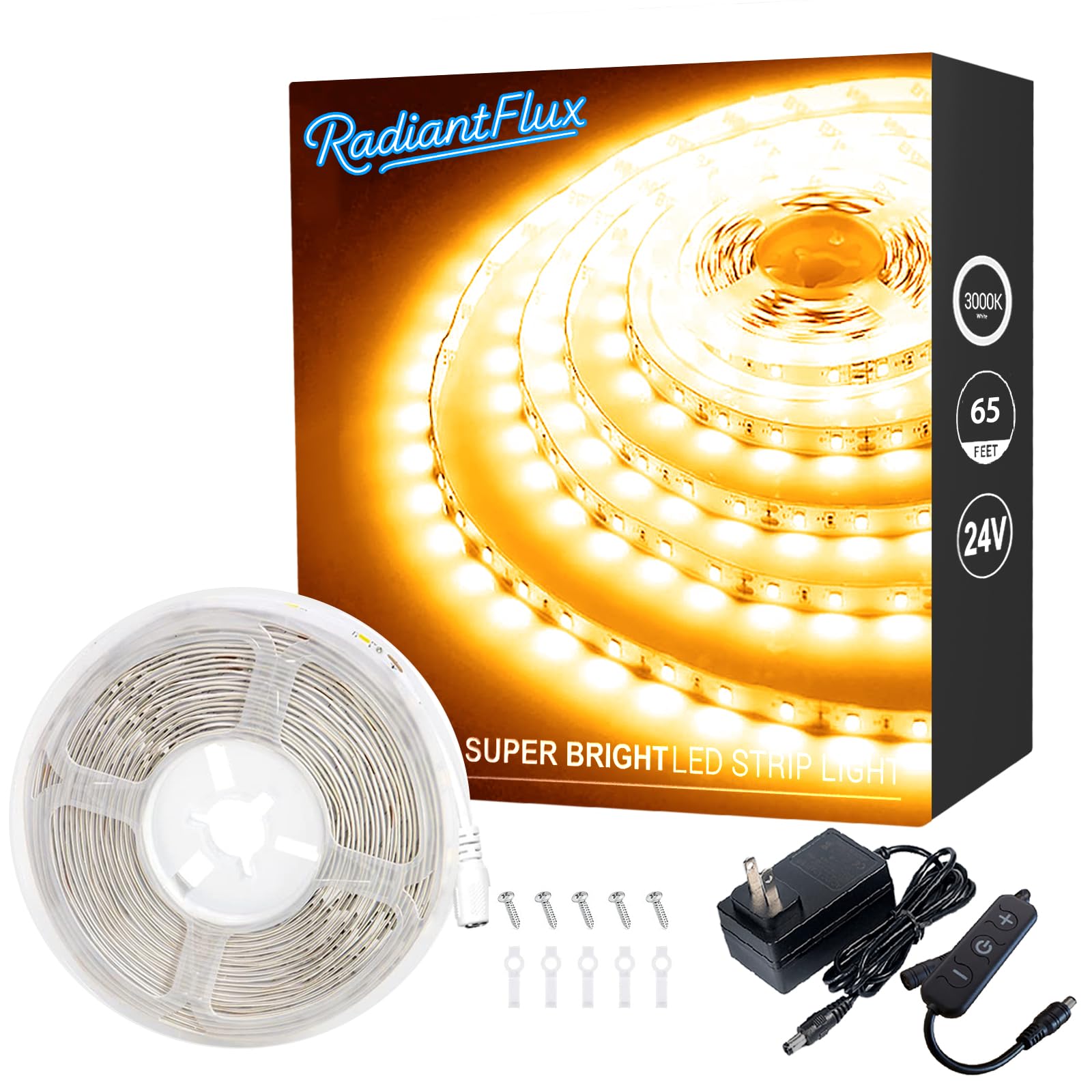 RadiantFlux Warm White Led Band Lights for Bedroom  65ft 1200Leds  Dimmable Flexible  Super Bright LED Tape Lights for Living Room  Kitchen  Vanity Mirro (Indoor Use)