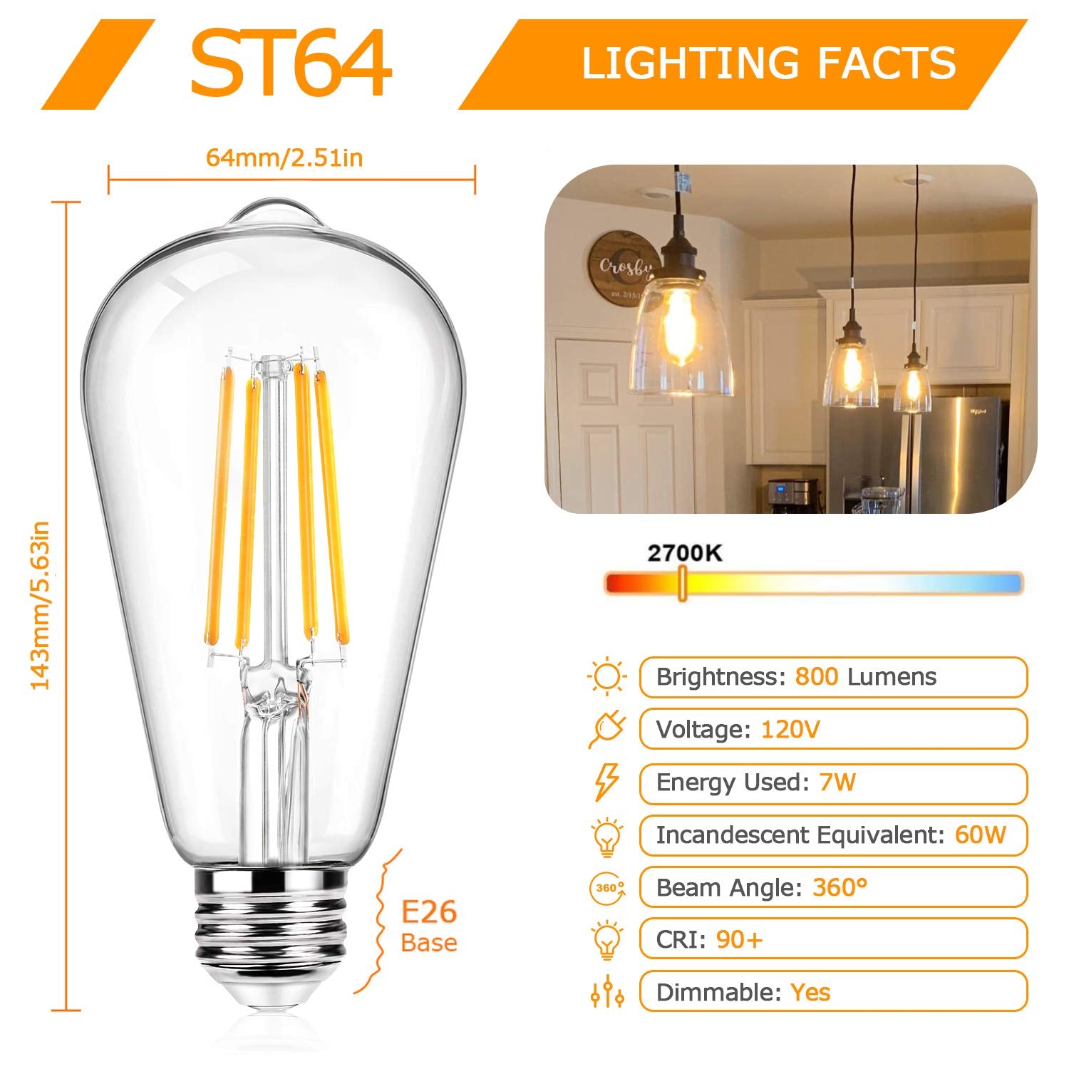 12Packs St64 Large Vintage Led Edison Bulbs, 60W Equivalent 7W, 800Lumens, Dimmable Antique Led Filament, 2700K Warm White, E26