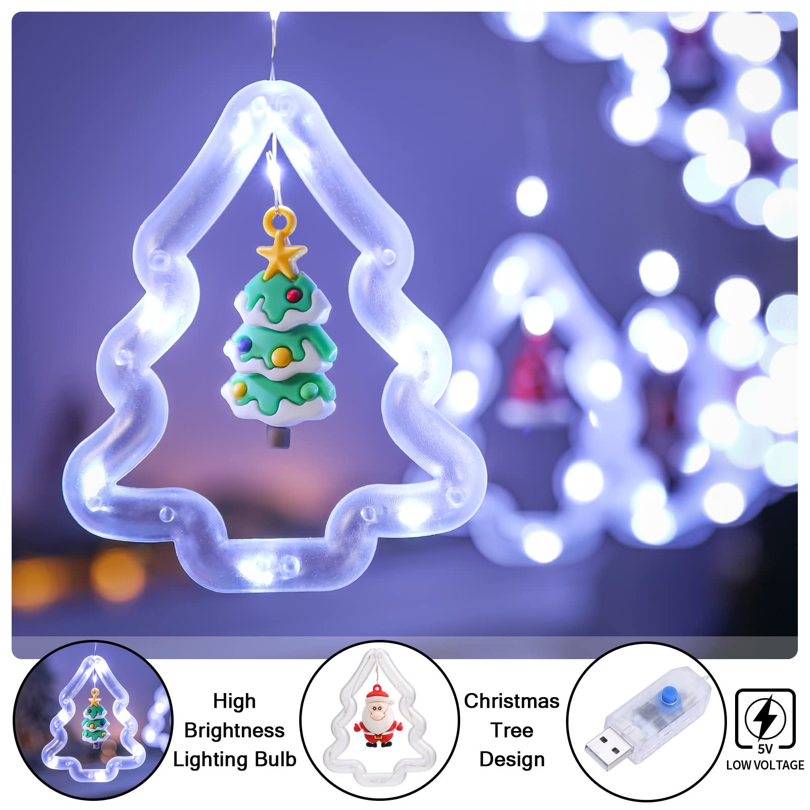 Christmas Window Lights - Bloomwin Lighted Xmas Window Decorations - Tree Shape Ring Light With Ornament Curtain Light Indoor - Usb Novelty String Hanging Lights For Christmas Home Bedroom Decor