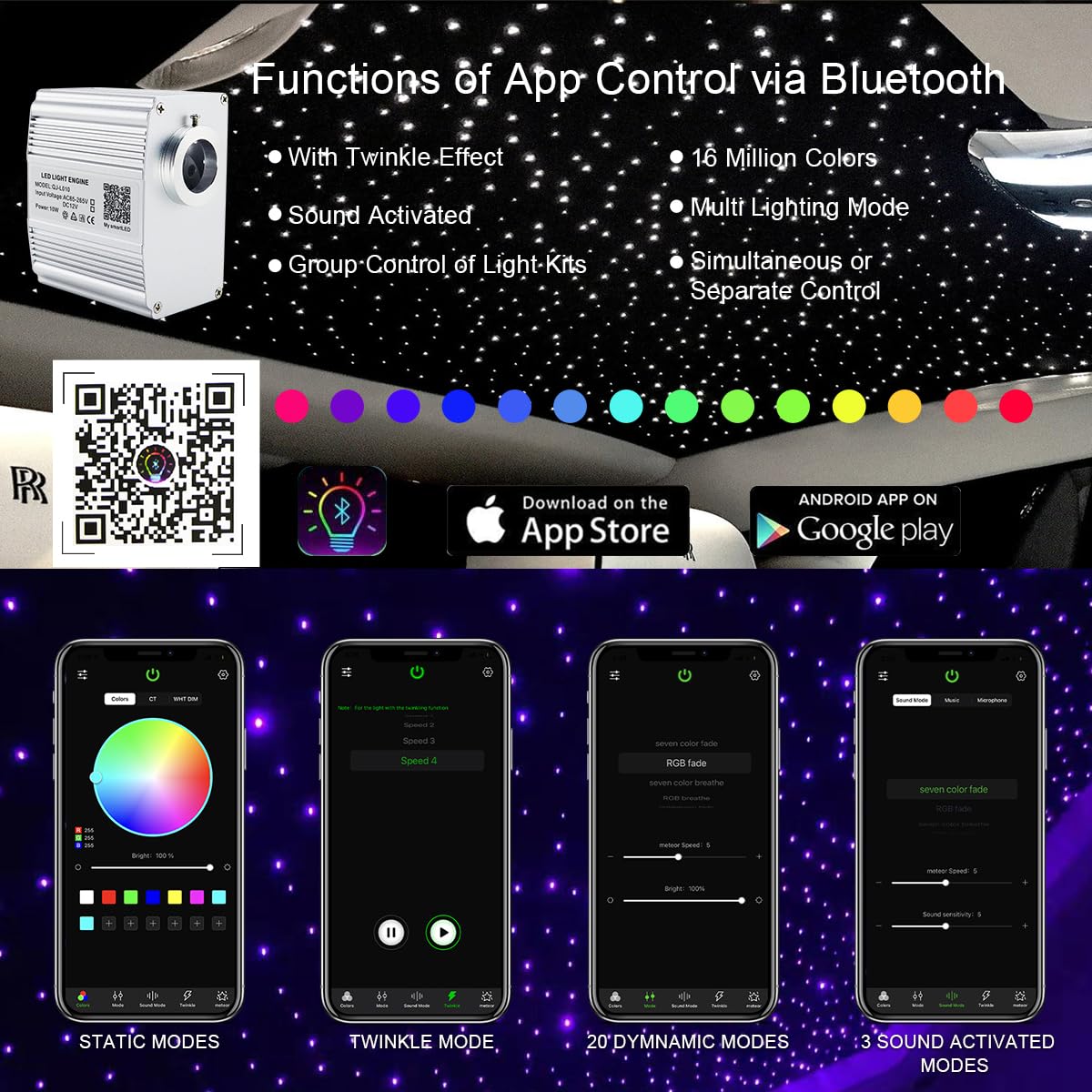 AKEPO Fiber Optic Light Engine, 10W Twinkle, APP Control, Music Activated, Color-changing, Model QJ-L010