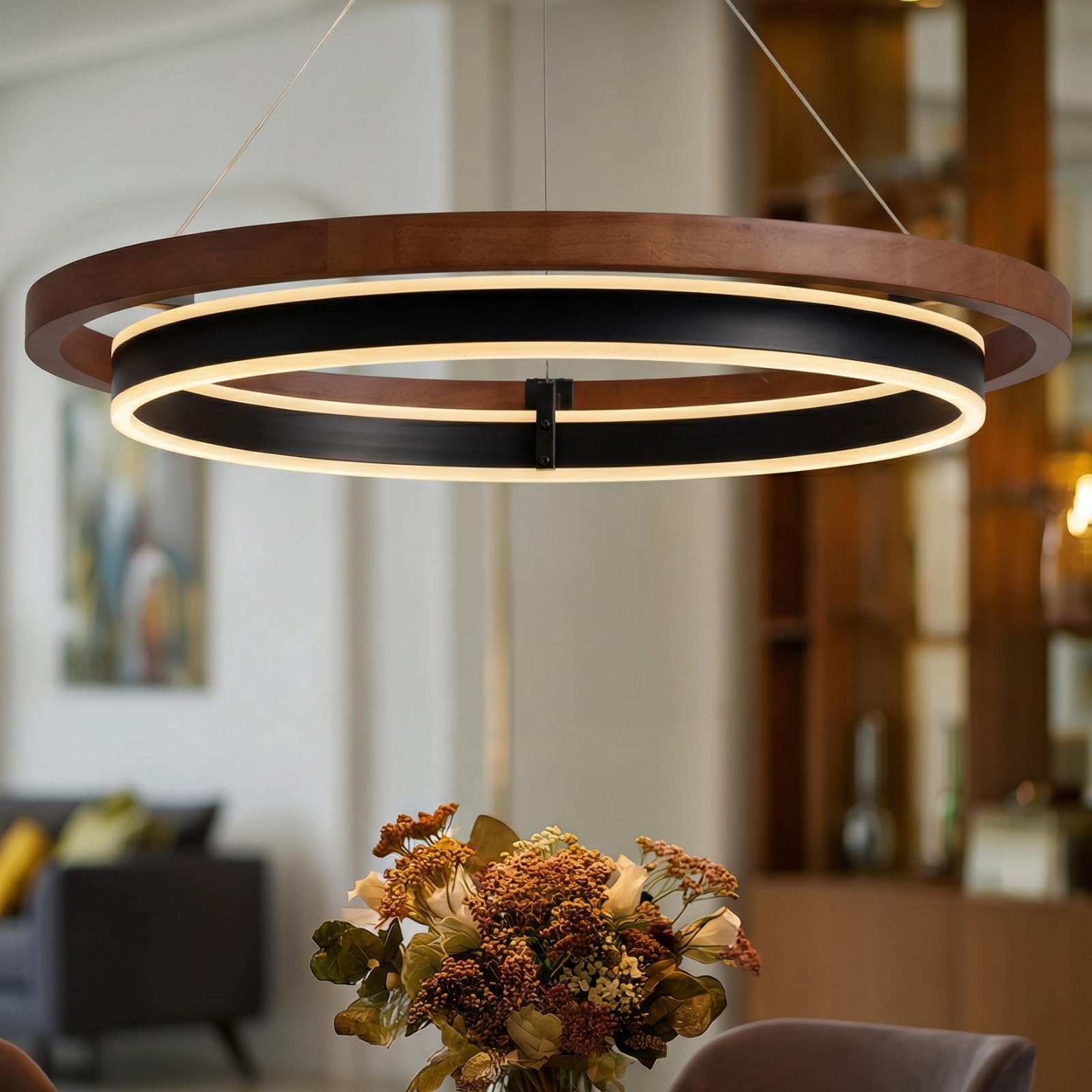 Modern Led Chandelier,24 Farmhouse Circular Chandelier Black Pendant Light with Remote Control Dimmable Round Chandeliers for Di