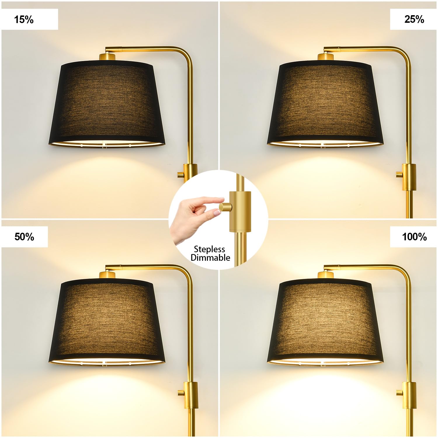 Nintiue Dimmable Arc Floor Lamp with 1000 LM LED Bulb, 65 inches, Gold-Black Shade, Model FL16886, Metal Construction
