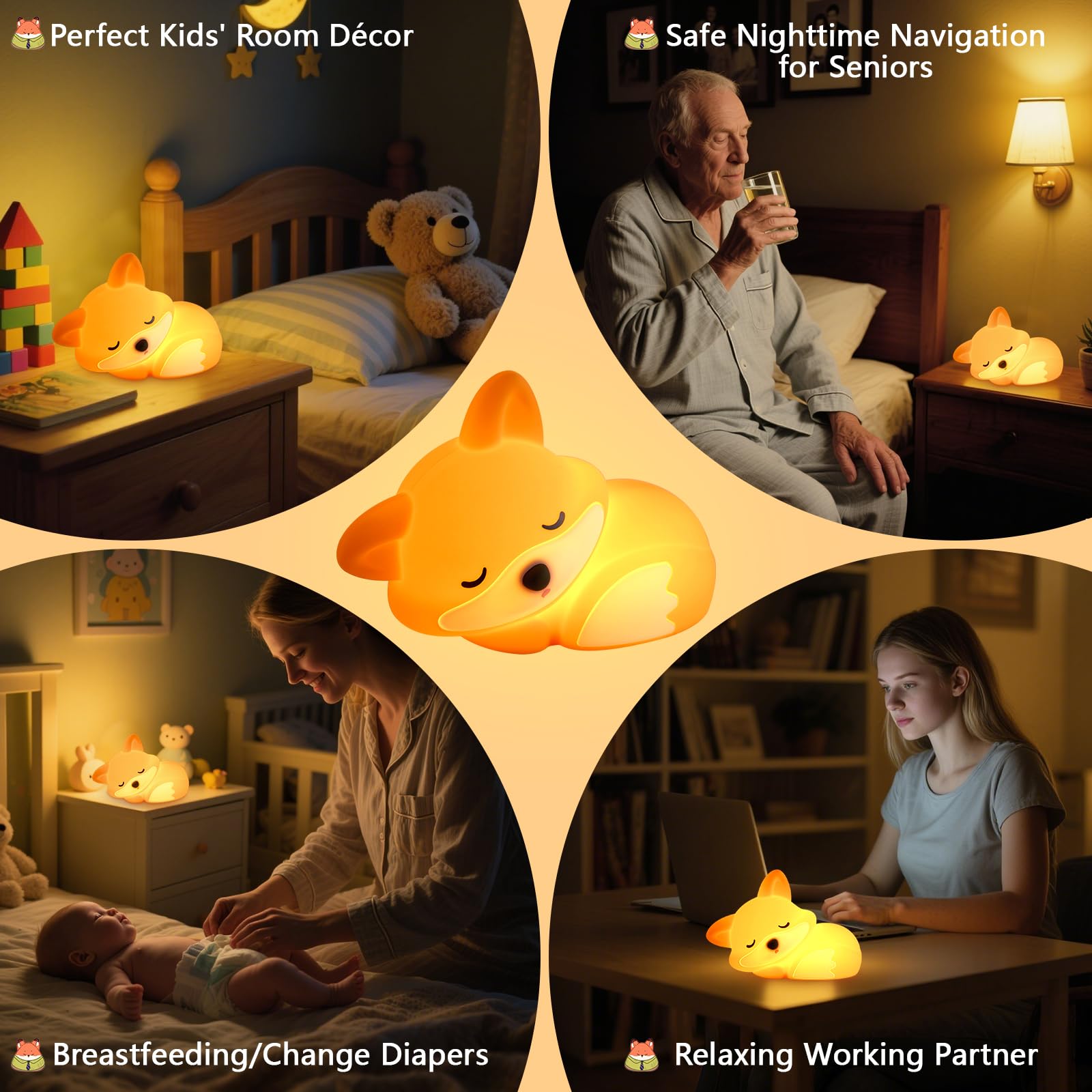 Yr Yrhh-Pet Fox Night Light For Kids  Cute Lamp Xmas Fox Gifts  Squishy Rechargeable Dimmable Toy  Led Woodland Animal Nightlight  White Elephant Gift  Fall Room D?Cor  Silicone Touch Light Up Foxes