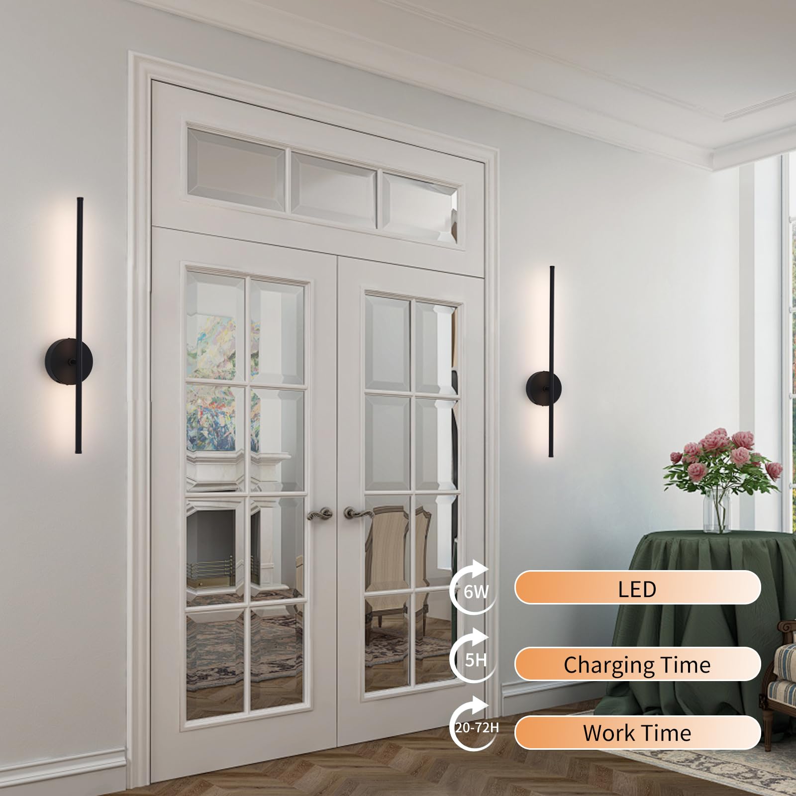 HONGREN 28 Black Battery Operated Wall Sconces Set of 2 Modern Wireless Rechargeable Wall Sconce with Remote Control LED Dimmabl