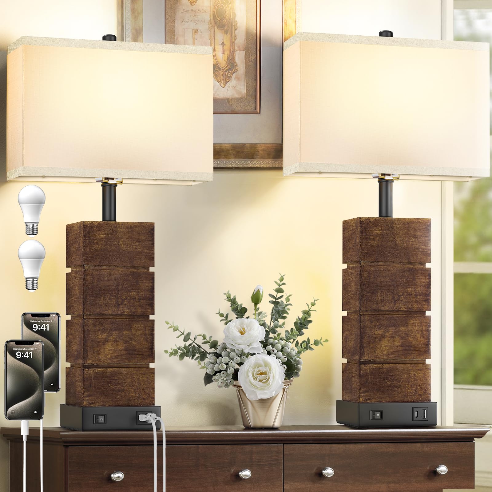 Spclsim Set of 2 Farmhouse Table Lamps for Living Room, 25.3 Vintage Brown Wood Grain Bedside Lamps with USB C+A Charging Ports,