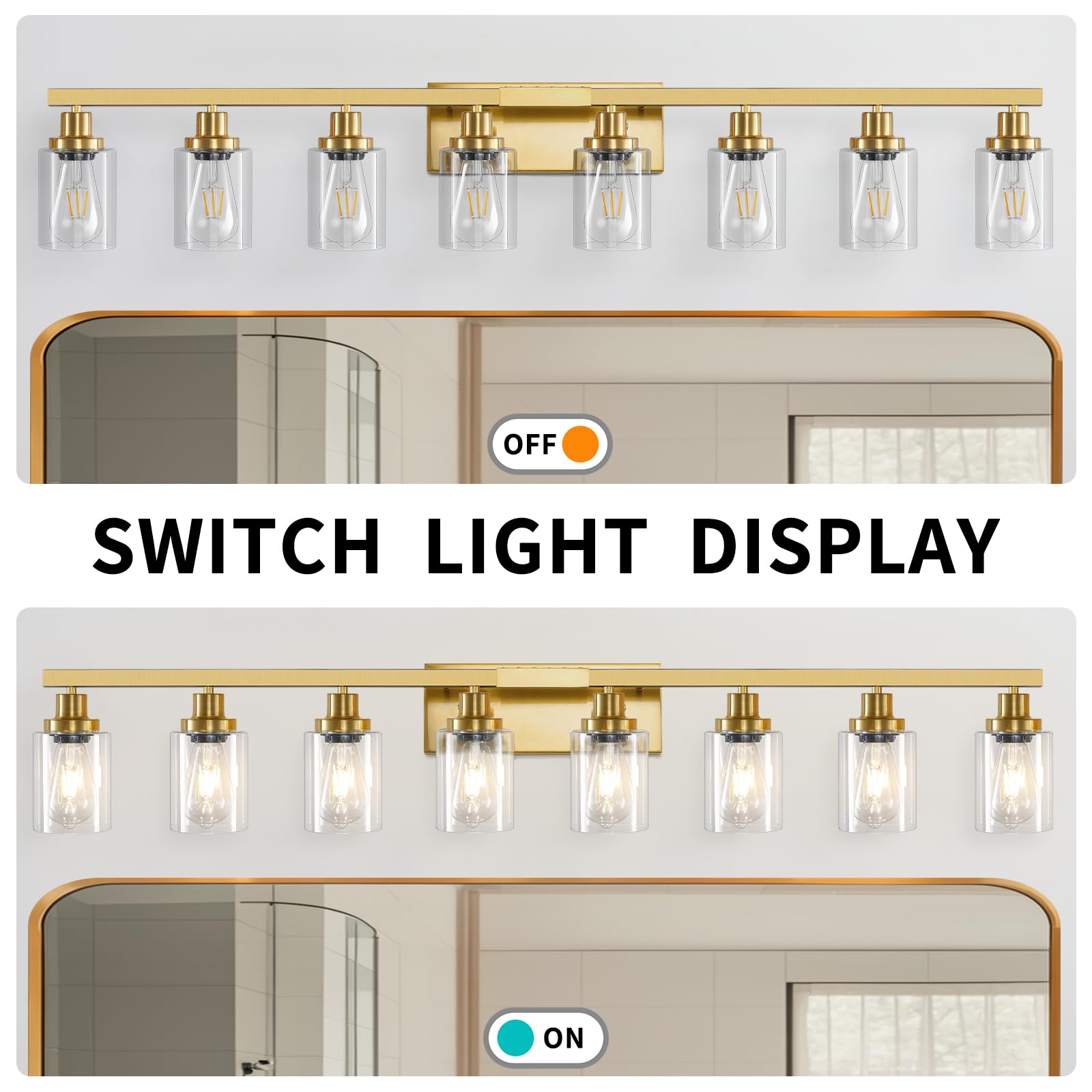 DIKAIDA 8-Light Gold Vanity Lights - Modern Metal Bathroom Wall Lighting, 52in for Bedroom & Living Room, Model JS-8