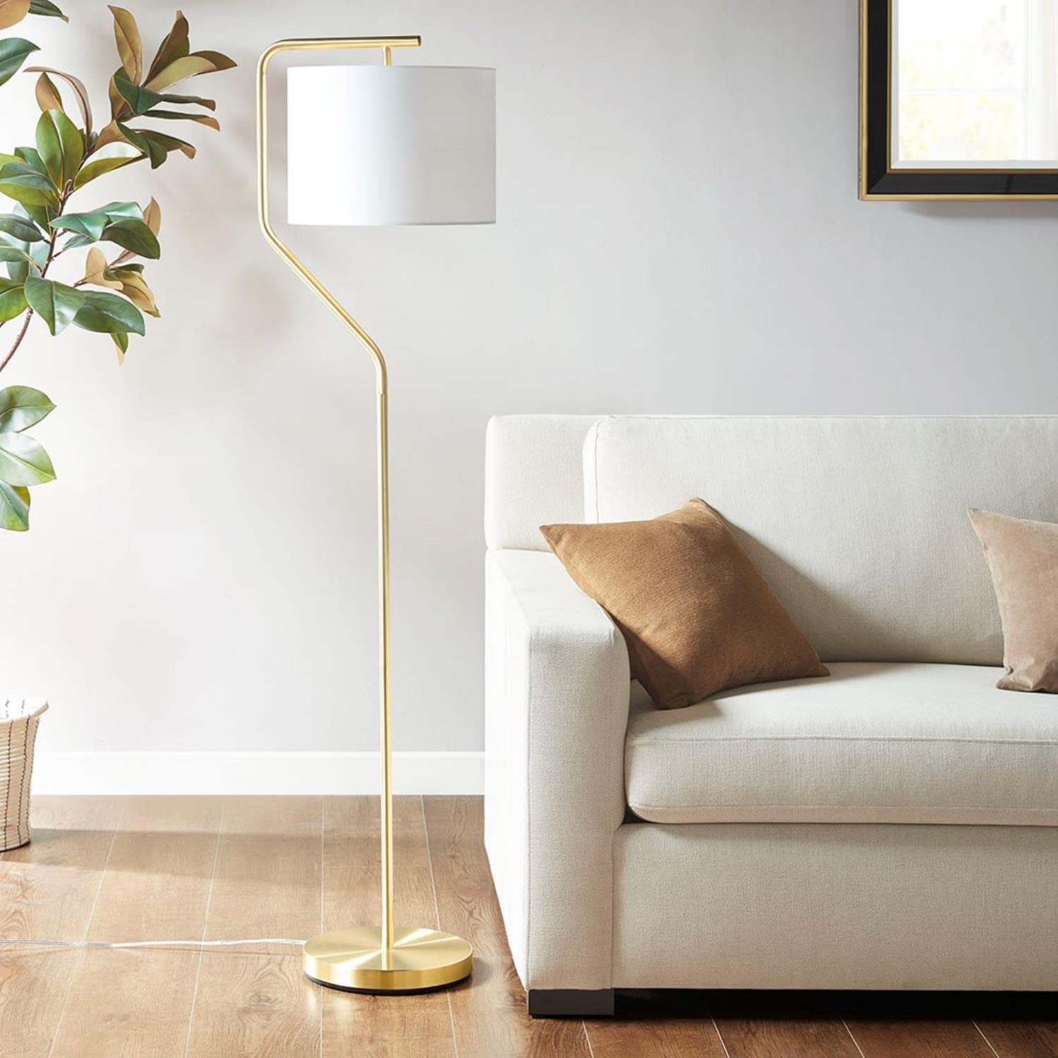 Hampton Hill Angular Corner Floor Lamp - 60 Gold Metal Stand, Linen Shade, Foot Switch, Model Fb154-1164