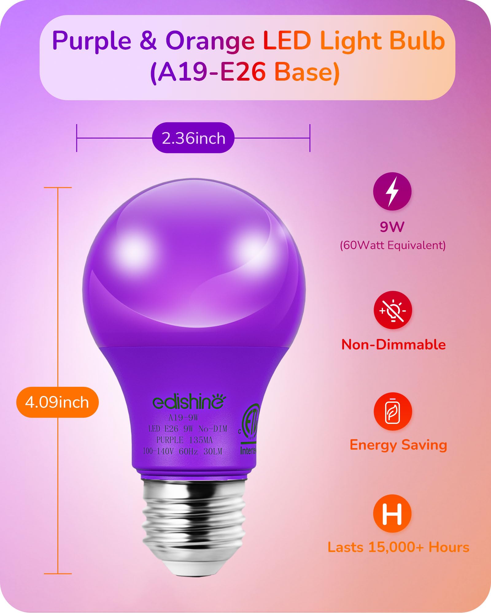 EDISHINE Purple Light Bulbs, A19 9W (60W Equivalent) LED Bulbs, E26 Base Purple Colored Light Bulb for Christmas Decorations, Fr