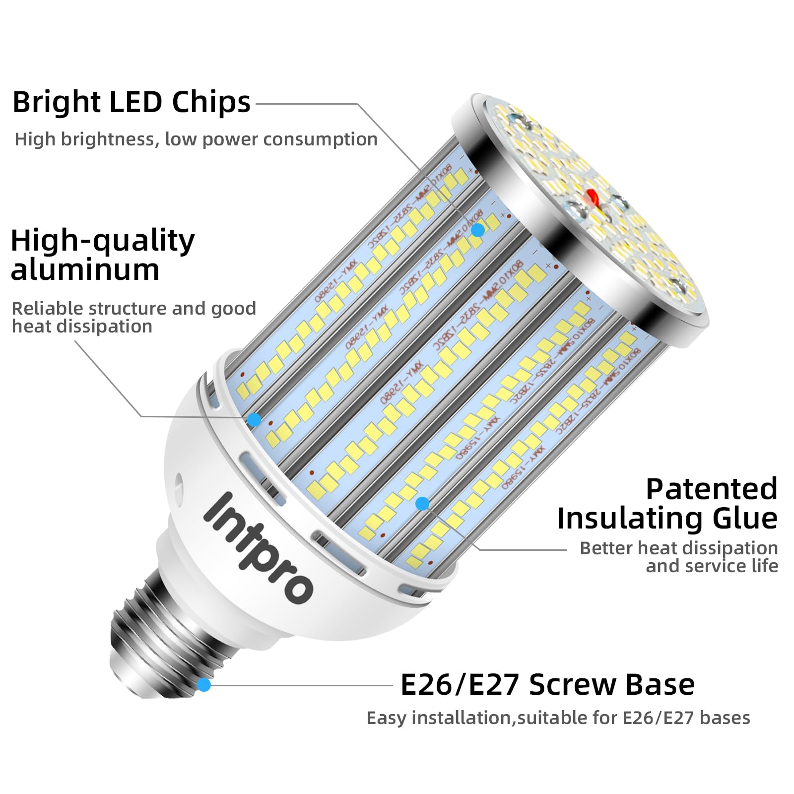 Intpro Led Corn Light Bulb Led Light Bulb 550W Equivalent 7500 Lumen 6500K 60W Large Area Cool Daylight White E26/E27 Base For O