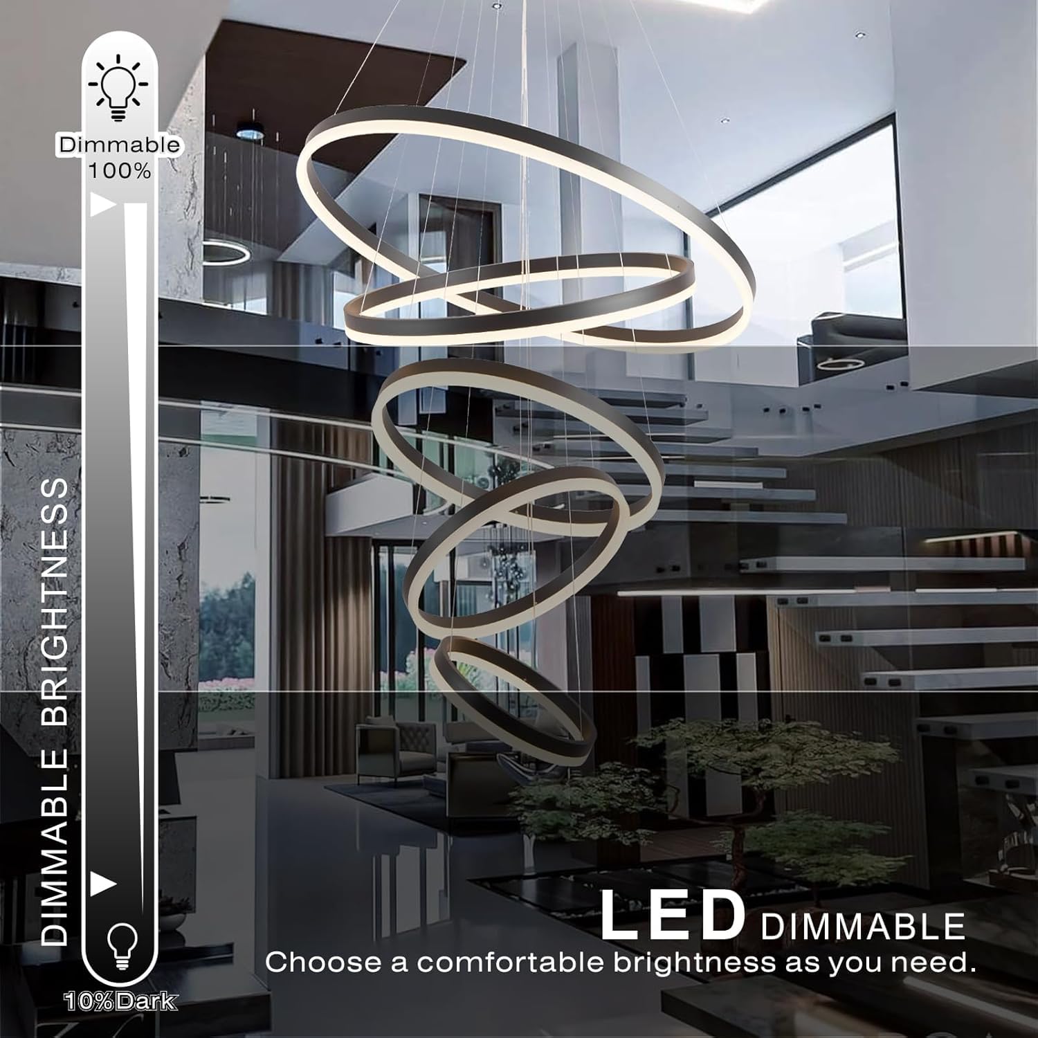 Led Chandelier,Modern Led Chandelier, 5 Rings Black Chandelier For Dining Room,Dimmable With Remote,Acrylic Adjustable Circle Chandelier Lighting Fixture Ceiling Hanging Modern Led Pendant Light