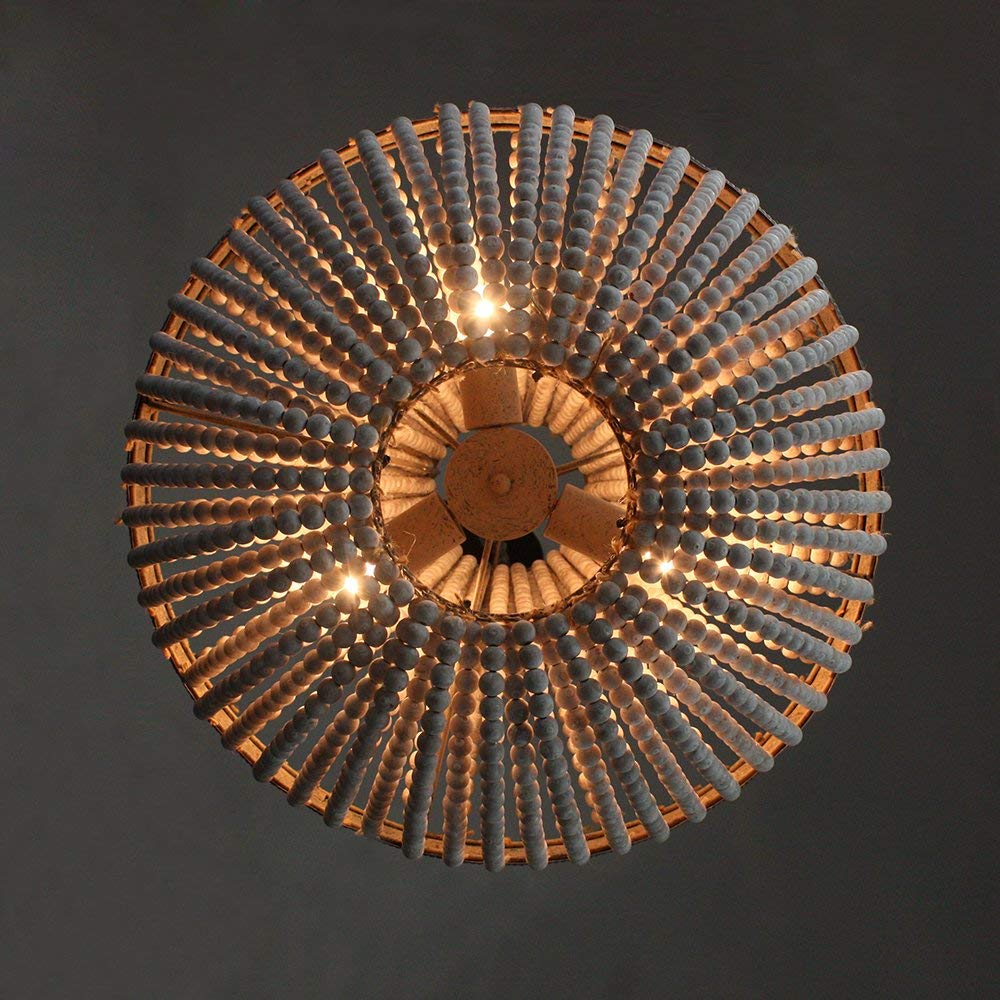 Newrays Wood Beaded Chandelier Pendant Light - 3 Lights, Gray White Finish, 18.52" x 21.3", Retro Vintage Rustic Ceiling Lamp