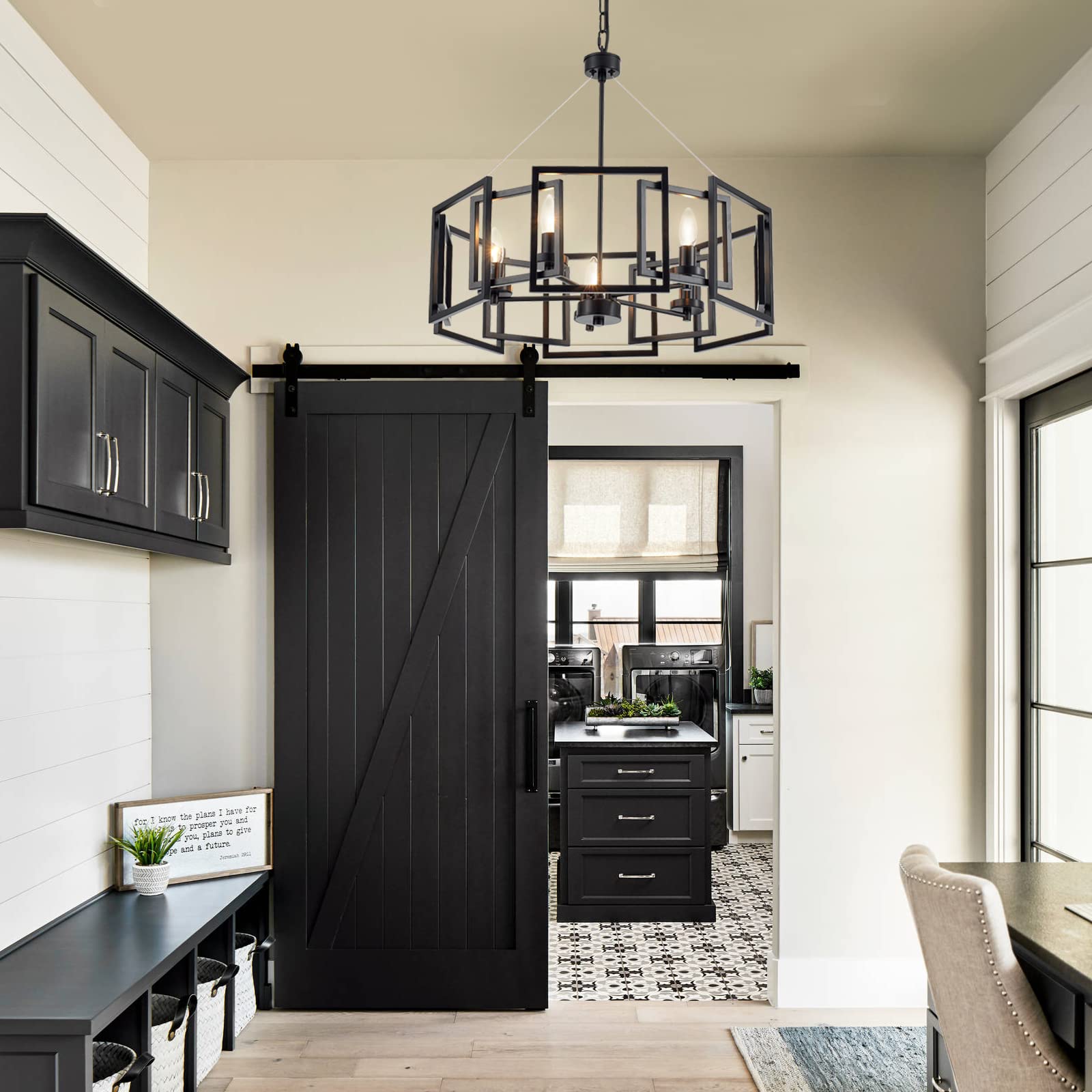 Mhytogn Industrial Style Chandelier, With Matt Black Finish Geometric Shade Pendant Lighting Fixture For Dining Room Living Room Kitchen Island Bedroom 5-Light
