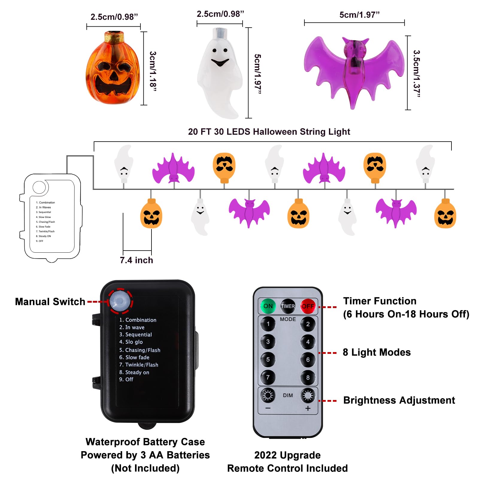 Mosoan Halloween String Lights Battery Operated 20 Feet 30 Led 3D Pumpkin Bat Ghost Lights With Timer - 8 Light Modes Halloween Decorations Lights Indoor Outdoor Cute Halloween Party Decor (Upgrade)