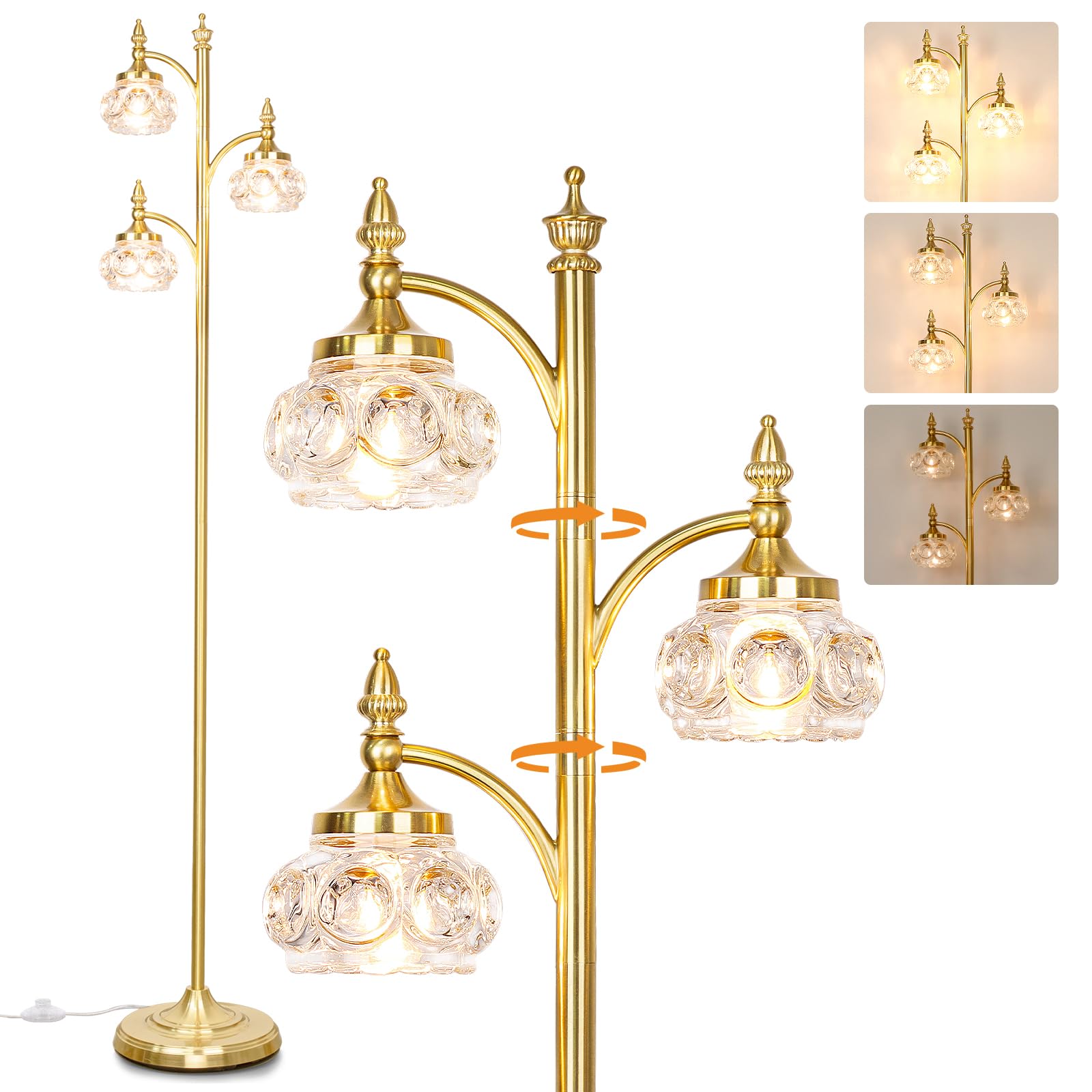 JUNNAI Gold Floor Lamp, Dimmable Tree Floor Lamps for Living Room Brass Tall Standing Lamp with 3 Rotatable Lights Glass Shade 6