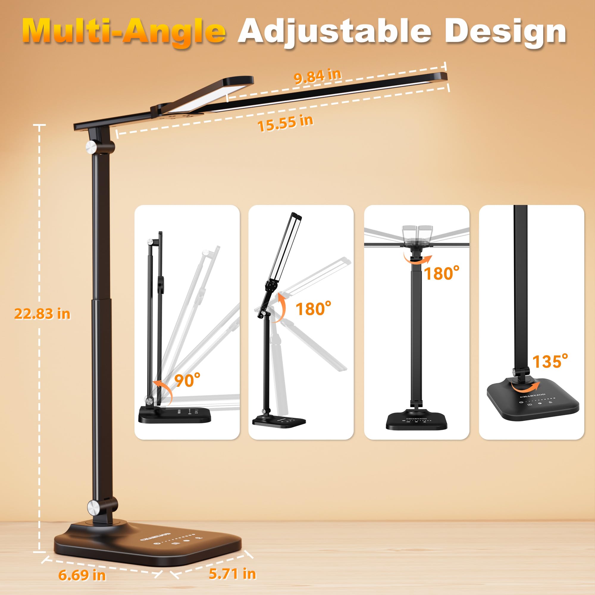 CHARYJOD LED Desk Lamp - Height Adjustable, Stepless Dimming, USB Adapter, Black, Model JB007