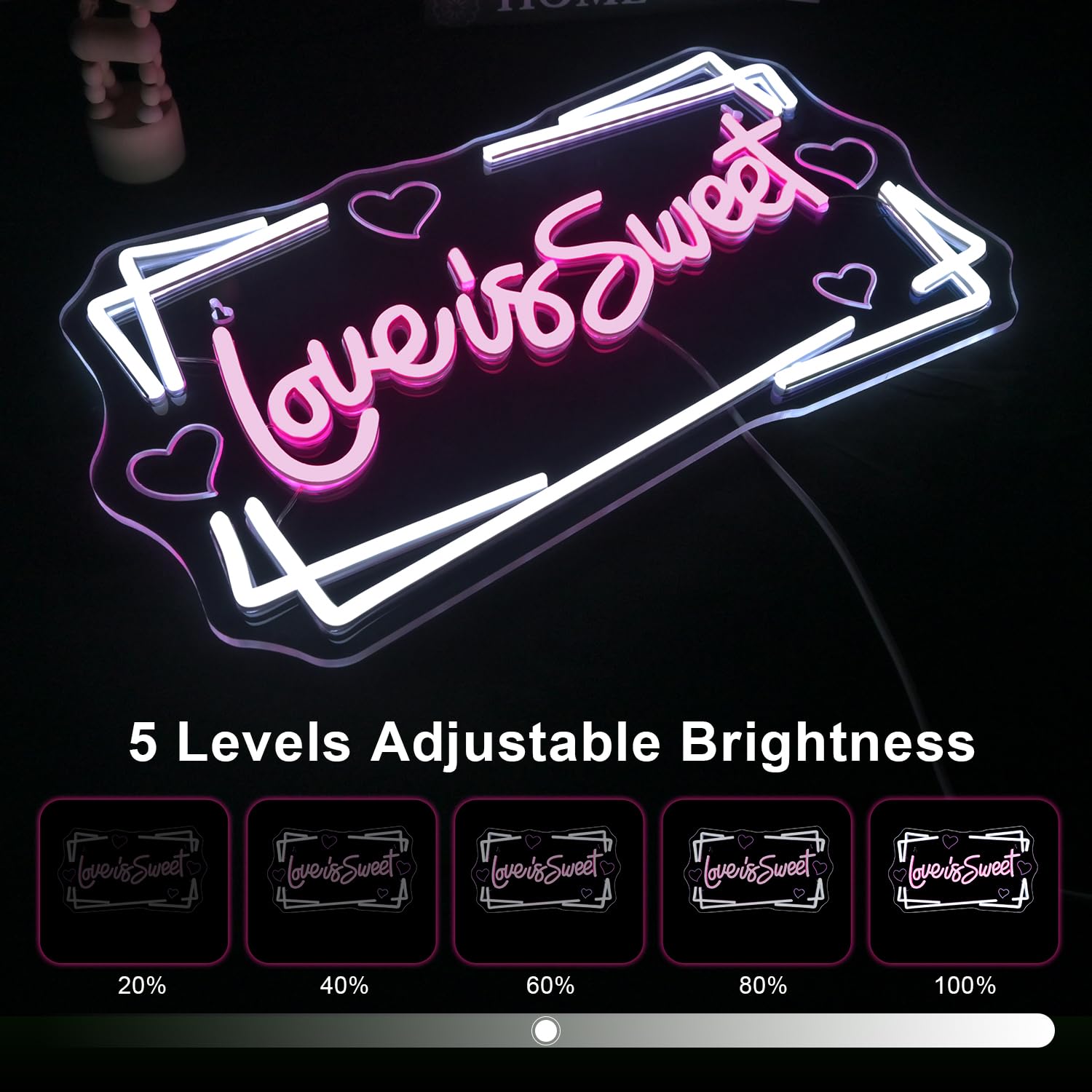 LUCUNSTAR Love is Sweet Neon Sign, LED Light for Wedding Decor, USB Connectivity, Dimming Switch, Love-Pink