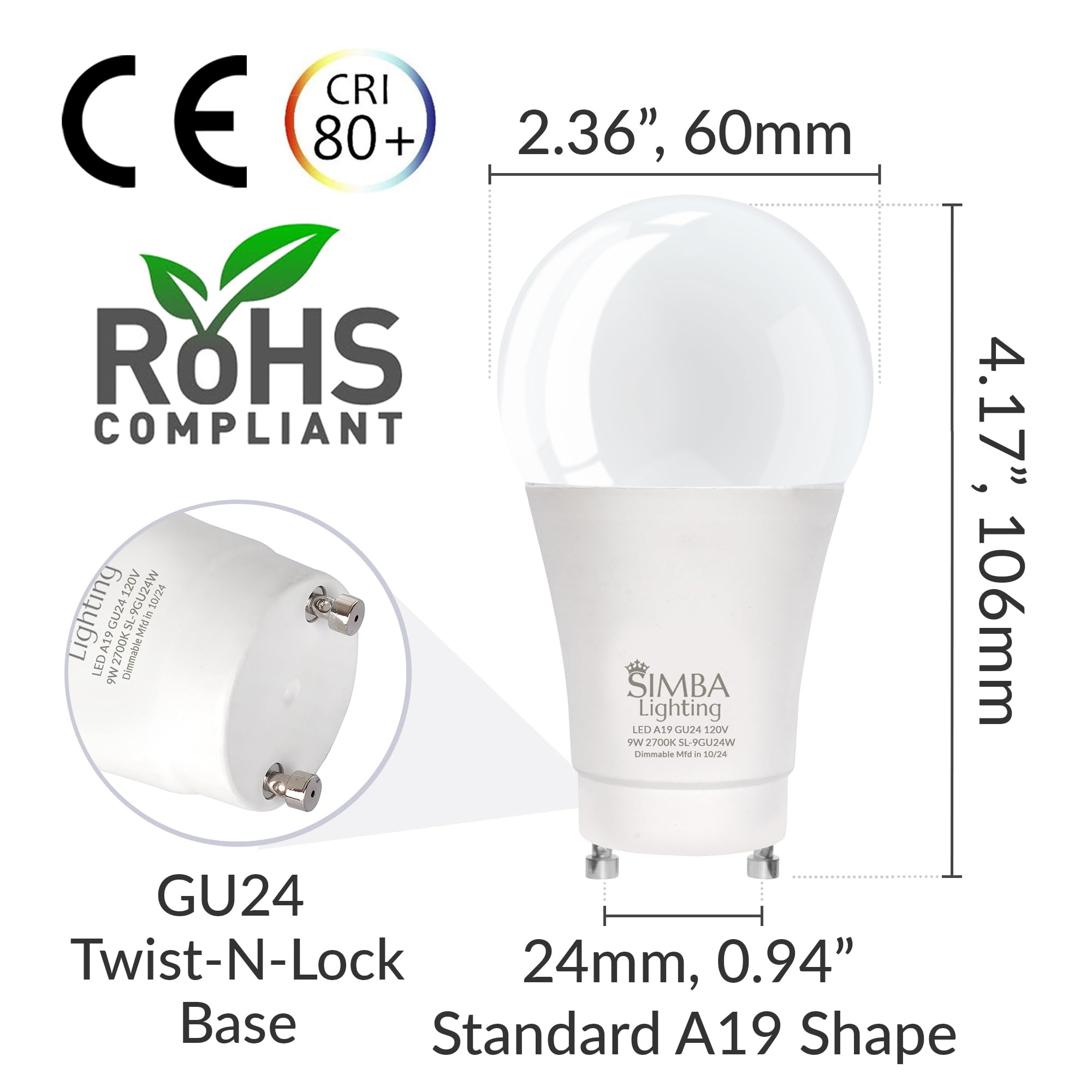 Simba Lighting LED GU24 A19 Light Bulb 9W 4 Pack 2700K Warm White Dimmable Plastic