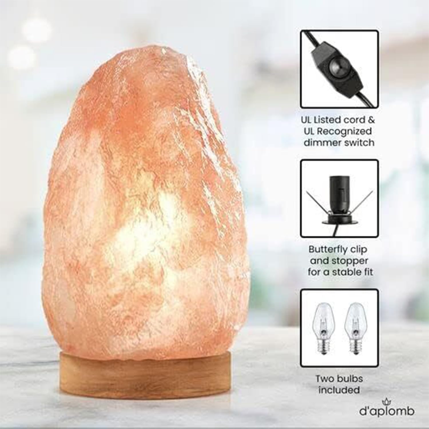 D'Aplomb Himalayan Salt Lamp - 100% Natural, Large Hand-Carved Crystal, Dimmer Cord, 12 Lbs