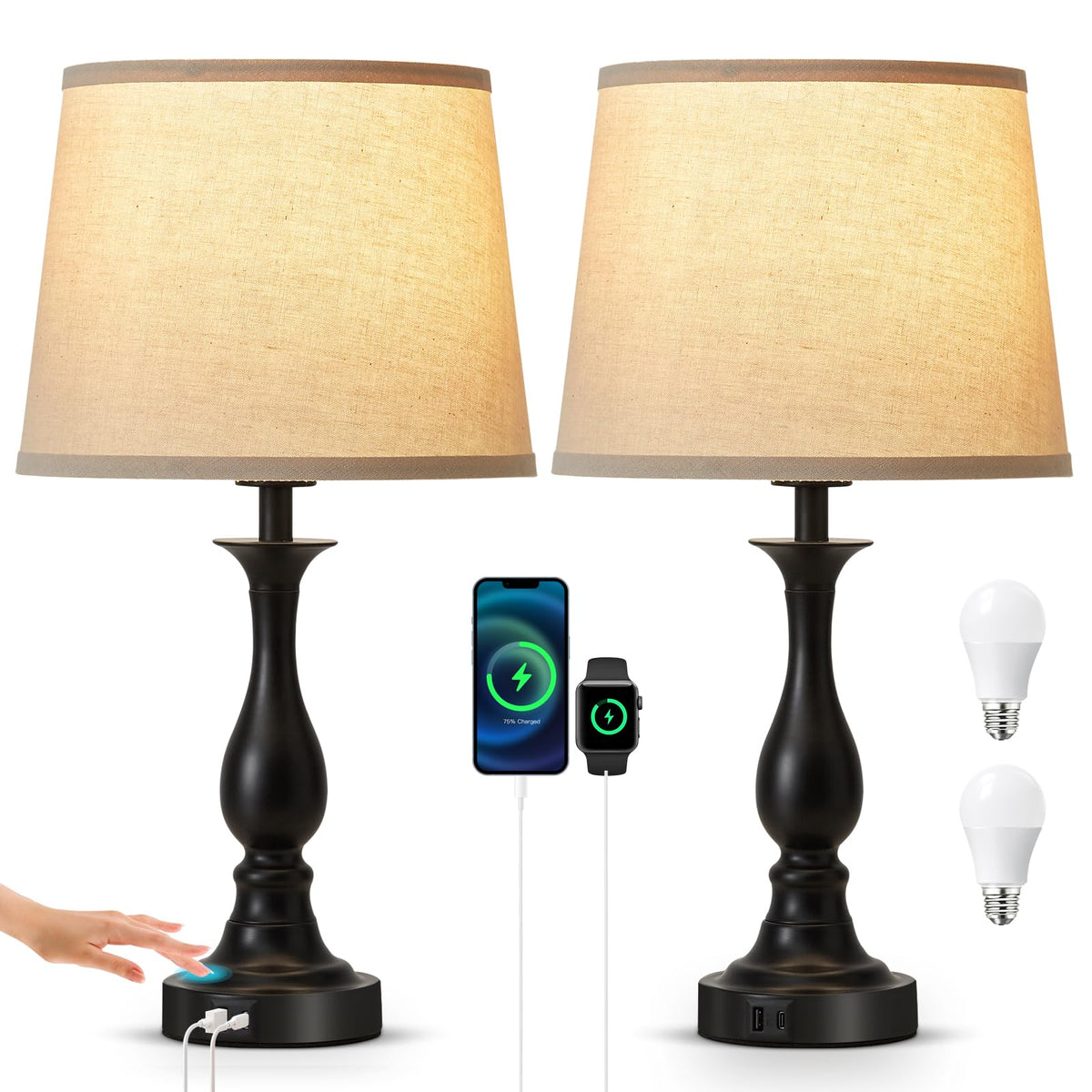 Bedside Table Lamp Touch Control Bedroom Lamps With Usb-C Usb-A Charging Port 3 Way Dimmable Touch Lamps For Nightstand Living R