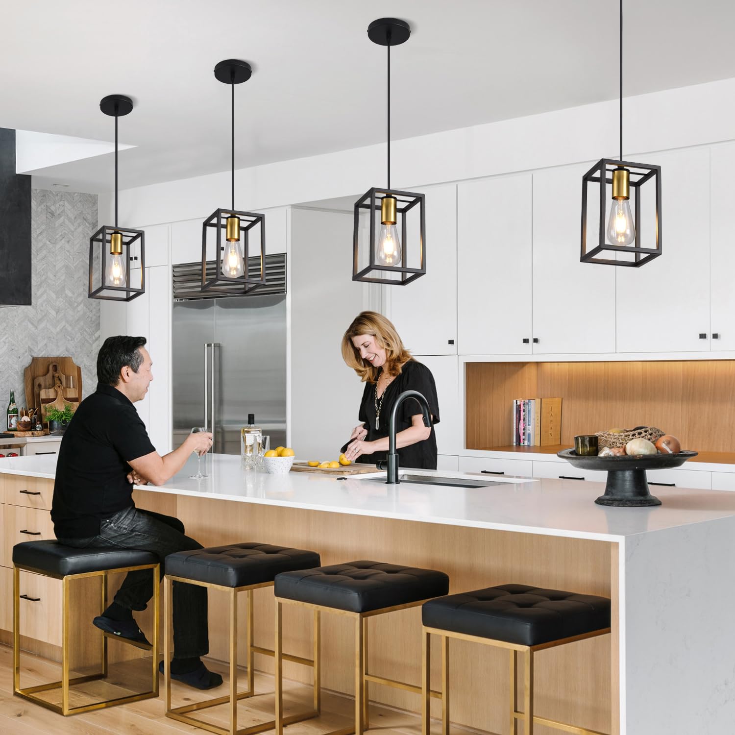 Aojunsansan Black Pendant Lights For Kitchen Island Industrial Lantern Pendant Light Fixtures With Golden Lamp Cup  Farmhouse Adjustable Height Hanging Pendant Lighting