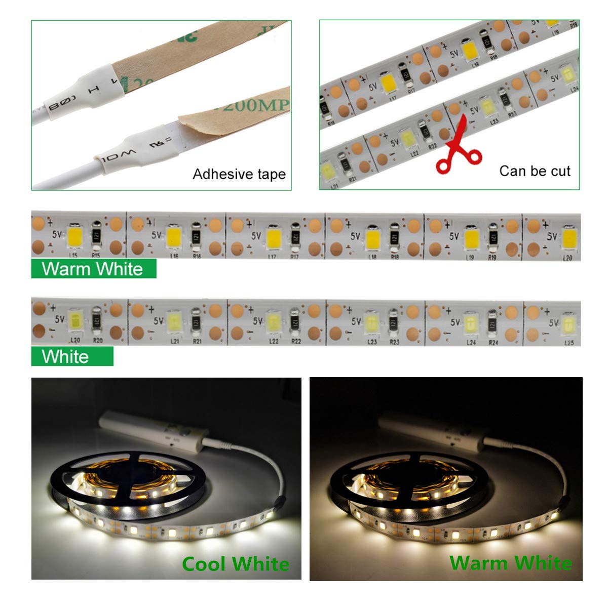 CoolBag Battery Powered Motion Sensor LED Light Strips - 5M/16.4ft Cool White, Model DD-234, Smart Night Light for Room
