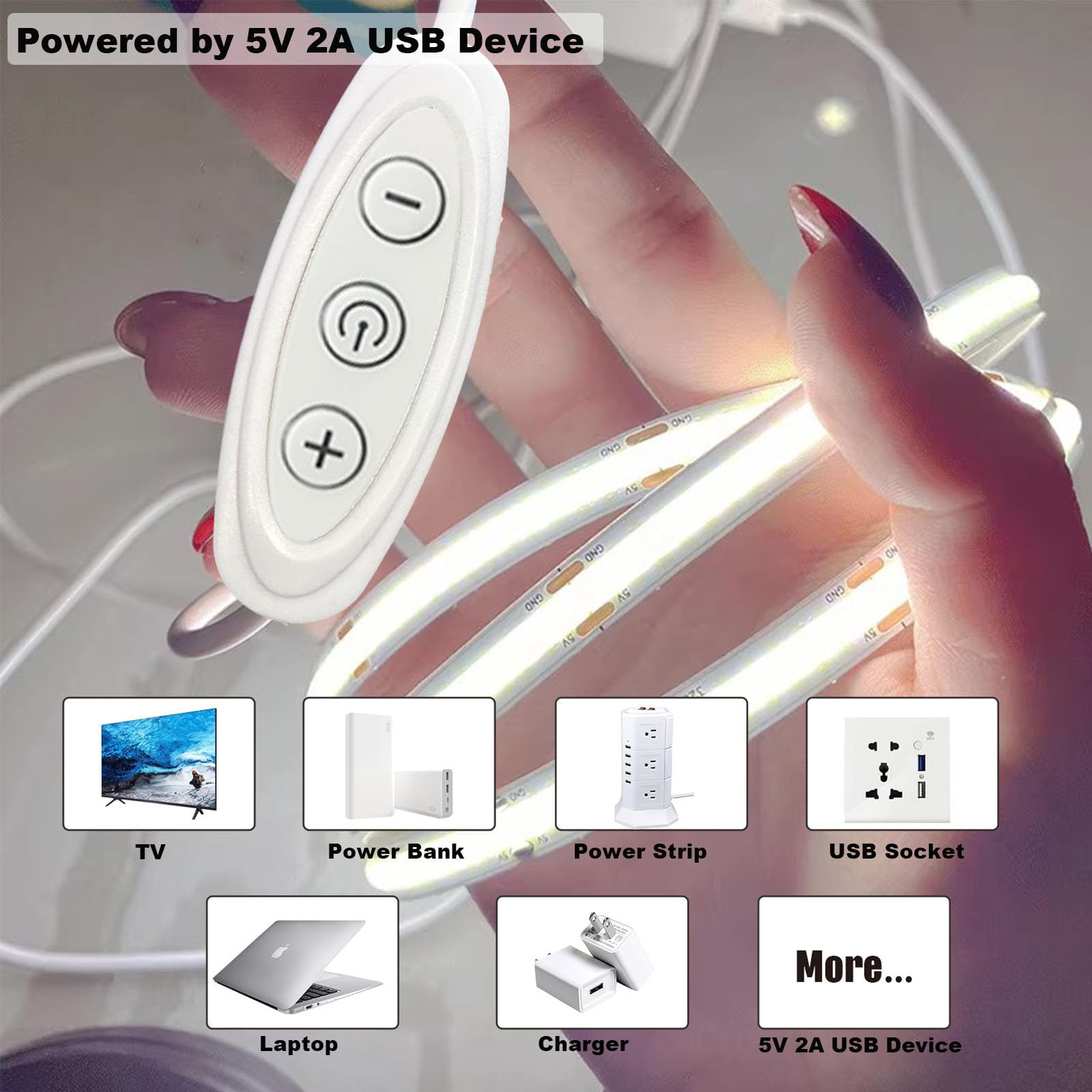 Gxilee 5V Cob Led Strip Lights Usb Powered 6000K Cool White Cri92+ 6Ft Led Tape Light With Dimmer, 10W/2Meter Flexible & Dimmable Cob Strips For Bedroom Cabinet Diy Lighting Decor