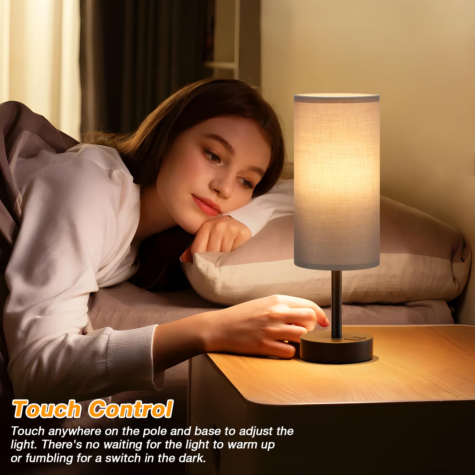 Grey Touch Bedside Lamp With Usb - 3 Way Dimmable Table Lamp For Bedroom, Nightstand Lamp With Black Charging Station For Desk D