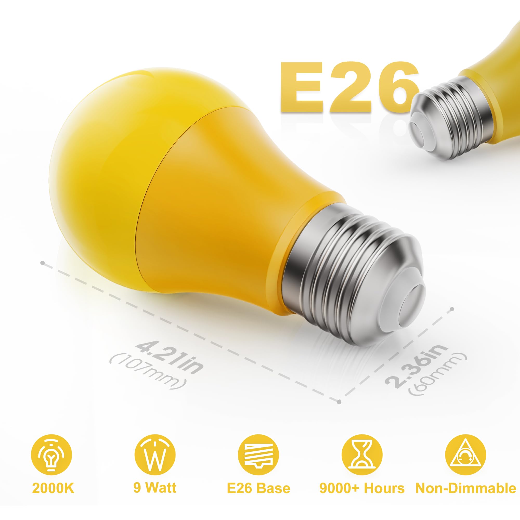 Briignite Bug Light Bulbs, 60W Yellow LED Outdoor Bulbs, 2 Count, Non-Dimmable, A19 E26, Plastic
