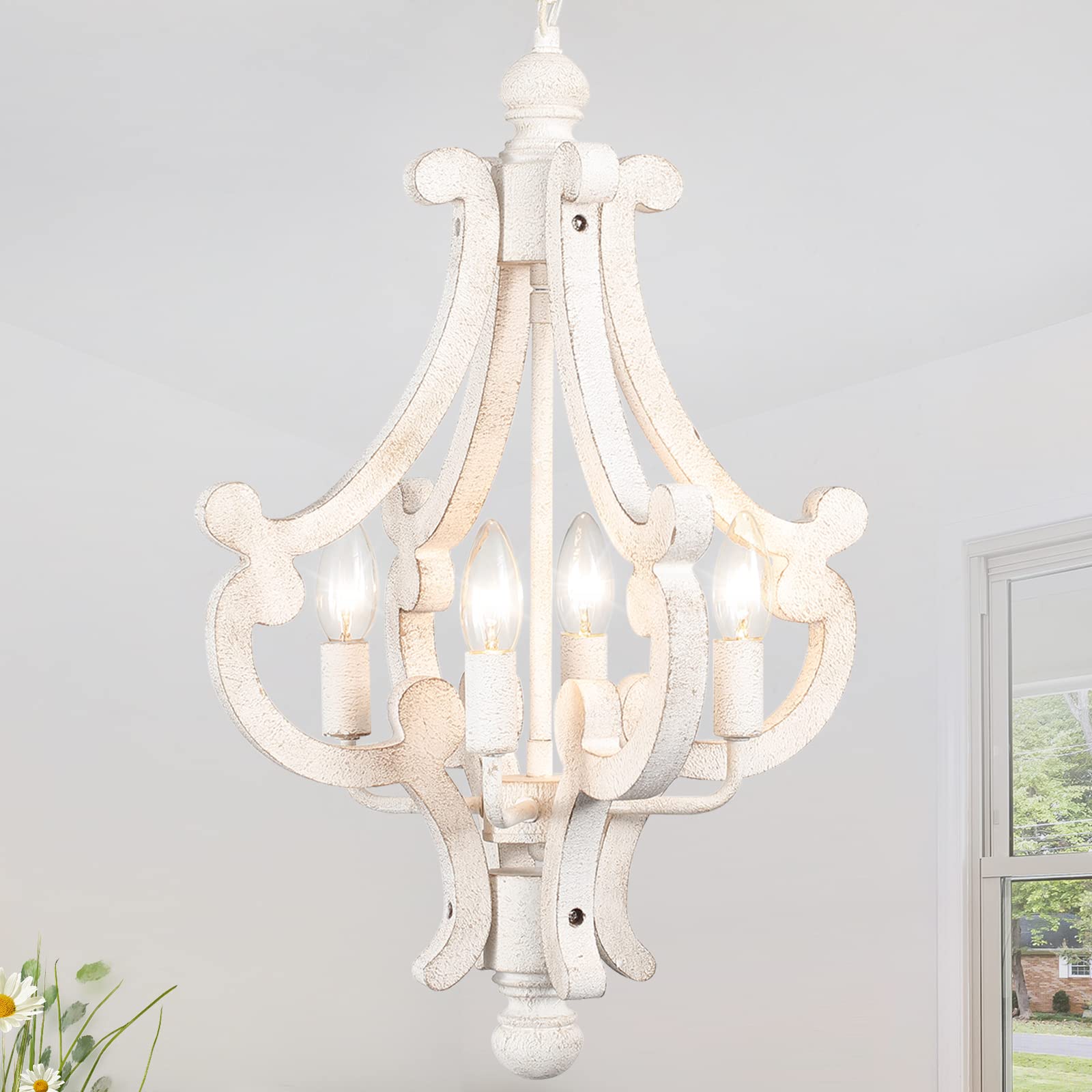 Wooden Farmhouse Chandelier 4 Lights Rustic Antique White Chandelier For Dining Room French Country Chandelier Orb Pendant Light Fixtures Hanging For Kitchen Living Room Foyer Bedroom Entryway Hallway