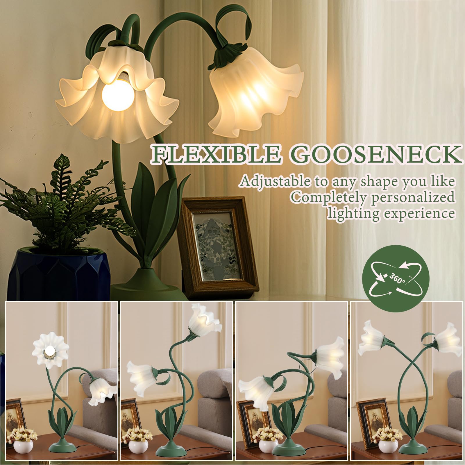 Cute Flower Table Lamp  Large Vintage Bedside Flower Lamp  3 Colors Temperature Flower Lamp For Bedroom Living Room Bedside Reading Lighting Table Desk Lamps Home Decoration (Green)