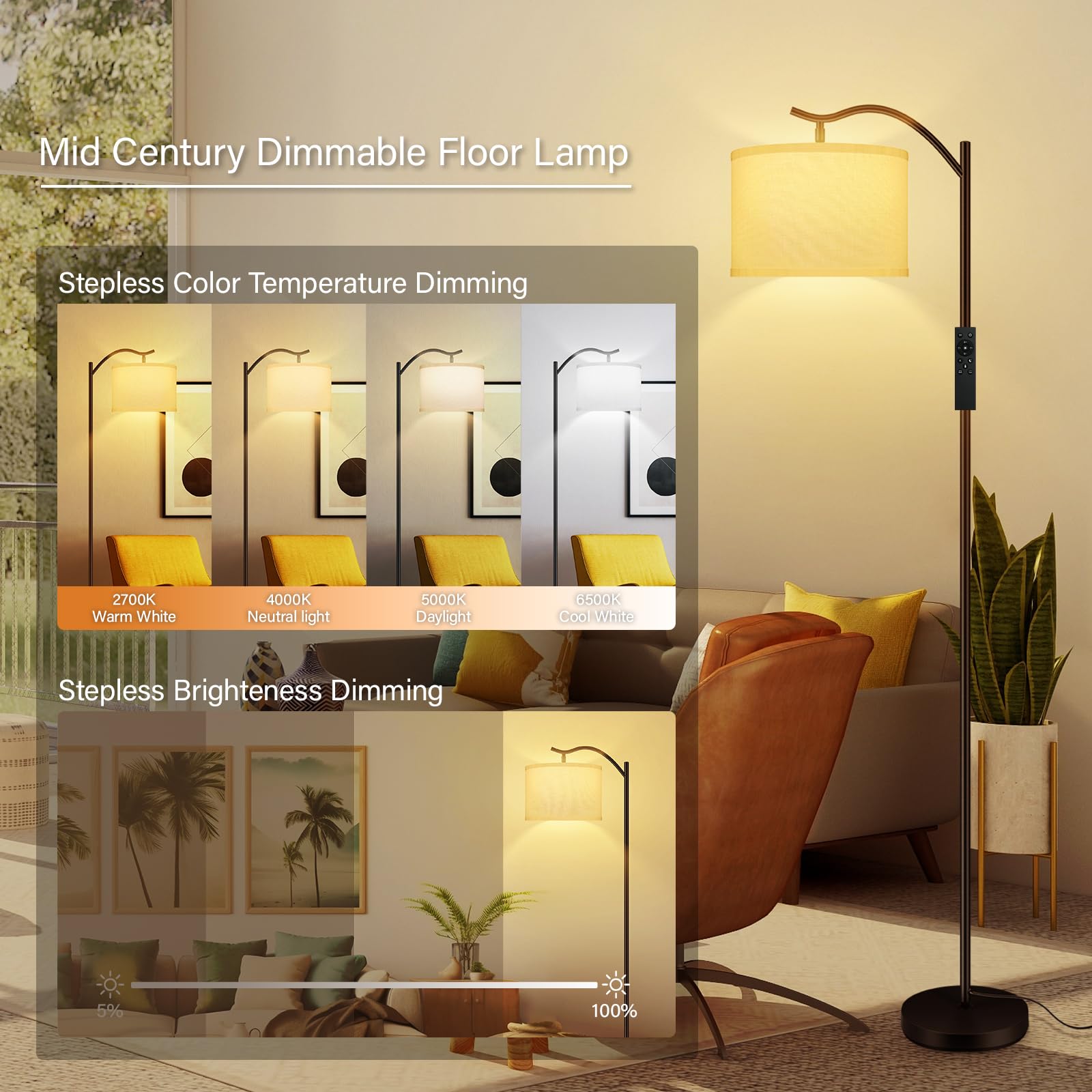 BoostArea Arc Floor Lamp with Remote Control, Stepless Dimmable 2700k-6500k, Modern Metal Standing Lamp, White, Model B1367