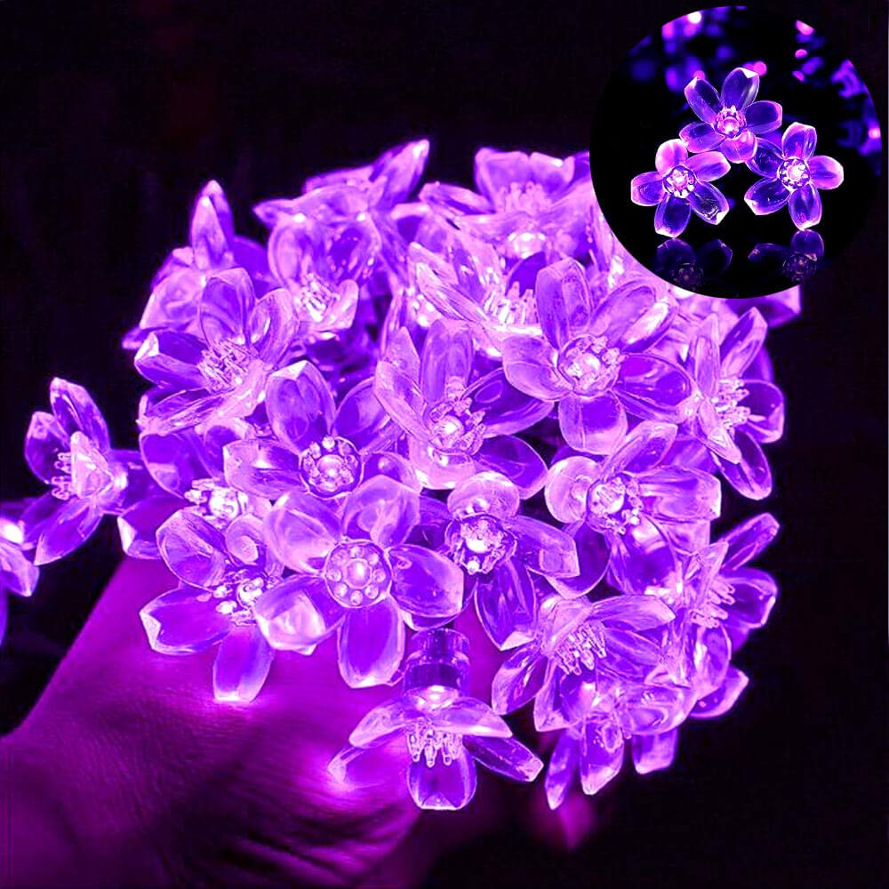 Semilits Solar Outdoor String Lights 50Led Flower Shaped Christmas Lights For Patio Garden Decoration Purple