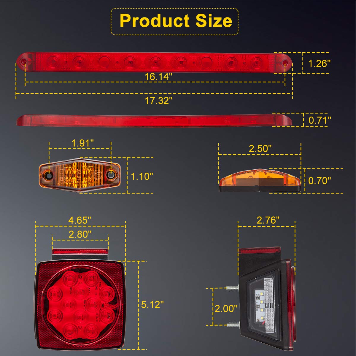 Limicar Trailer Lights, Stop Turn Tail Truck Trailer Light Kit & Trailer Wiring Harness Kit, Red Amber Trailer Marker Lights, 3Rd Brake Id Light Bar, Taillights For Vehicles Camper Snowmobile Rv