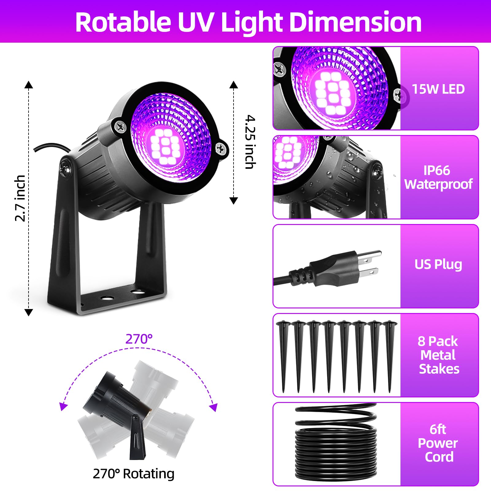 8 Pack Black Lights, Ip66 Flood Light 15W Led Blacklight Glow Party Outdoor Spotlight With On/Off Switch + Plug + Metal Stakes F