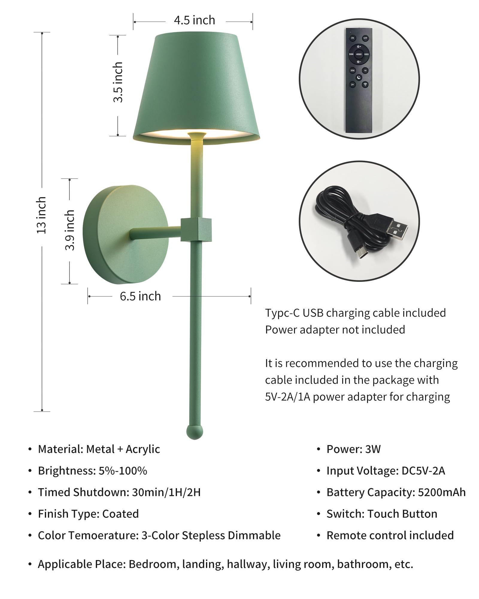 KDG Cordless Wall Sconces Set of 2, LED Wall Lamps, Rechargeable Battery, Metal, Small Size, Green, Model AMZ-TBL-036