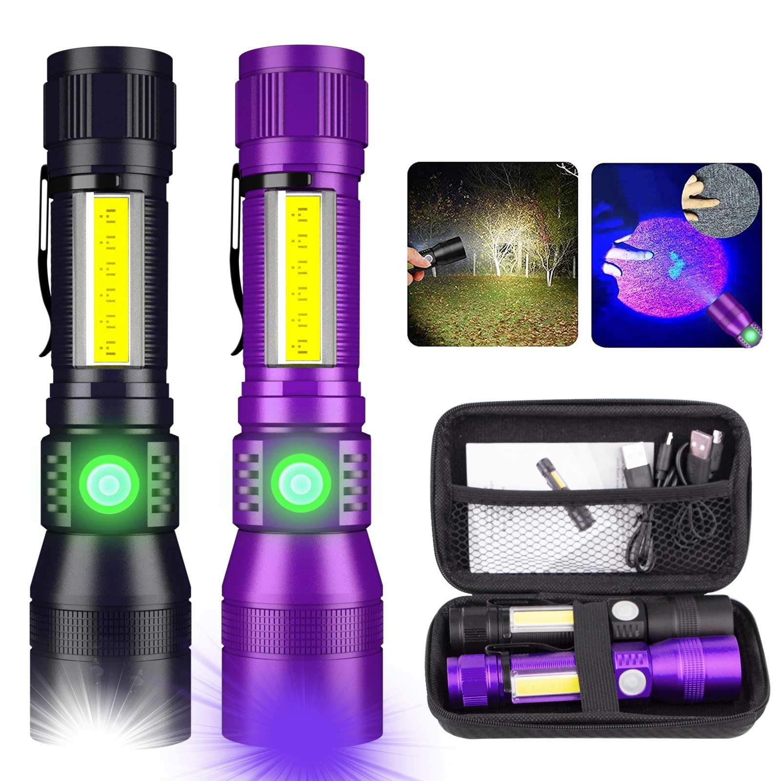 AdamStar 3 in-1 Rechargeable Black Light Flashlight, UV LED, 7 Modes, Waterproof, Aluminum, (Black + Purple) with Case, Model 016