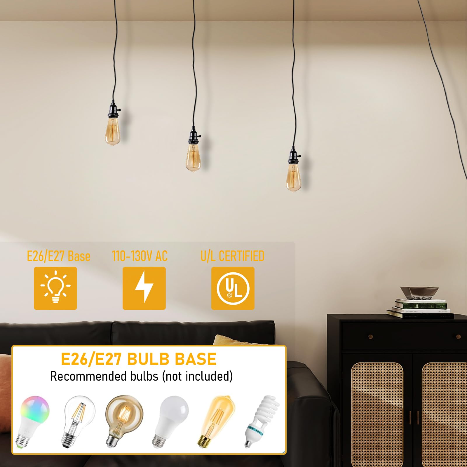 DTIEDY 3-Light Plug-in Pendant Light Kit, 21FT Cord with Switch, Vintage Black E26 Socket for Bedroom & Kitchen Island