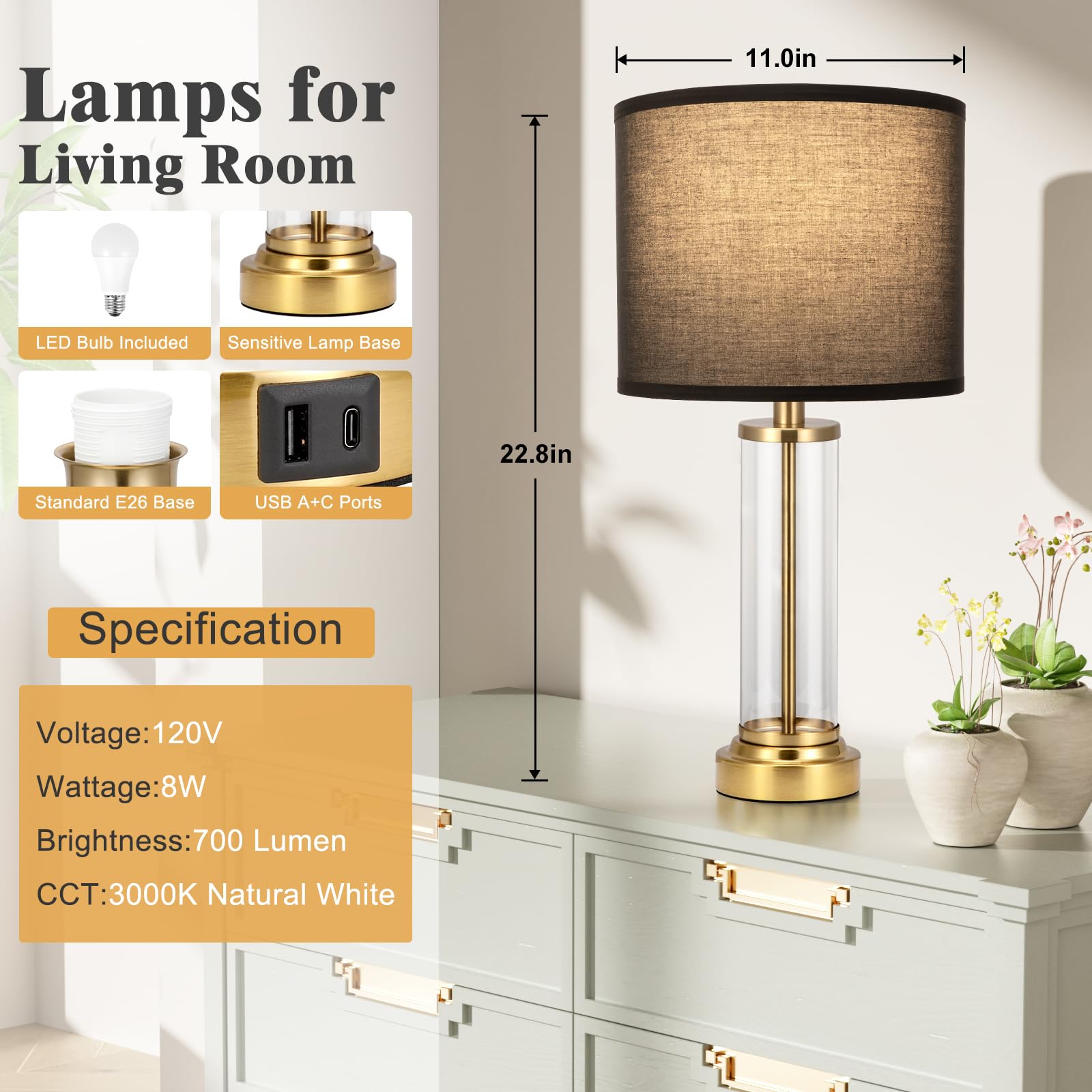 Black Gold Bedroom Lamps Set Of 2 - Touch Bedside Lamp For Night Stands With Usb C+A, 3 Way Dimmable Nightstand Table Lamps For