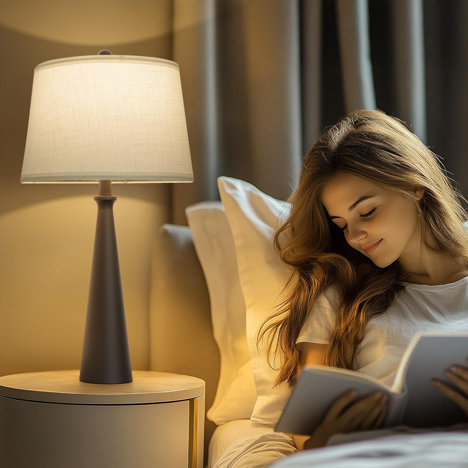 Oneach 25.75'' Modern Table Lamp Set Of 2, Bedside Lamps With Usb Ports, Black Nightstand Lamps Set For Living Room Bedroom Hous