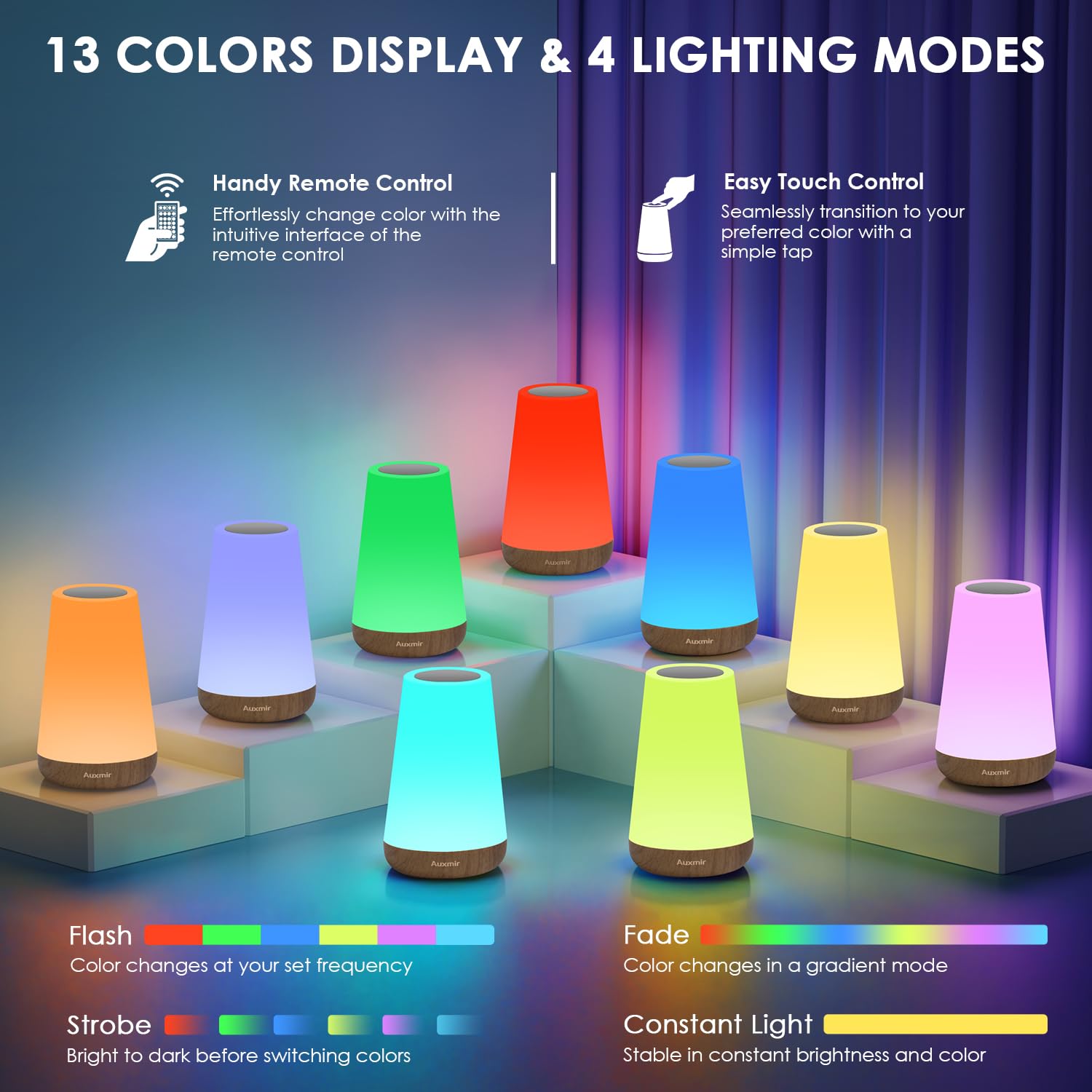 Auxmir Night Light, Dimmable Touch Lamp For Bedroom, 13 Rgb Colors & 5 Brightness, Portable Rechargeable Bedside Table Lamp For