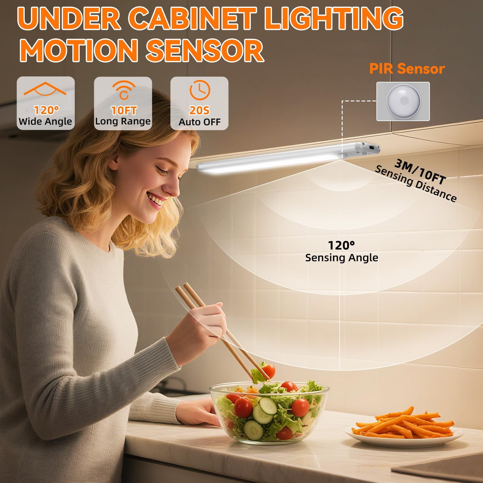 ZioeYiue Under Cabinet Lighting - Wireless Motion Sensor, 3 Color Dimmable, 15" Rechargeable LED, 3-Pack, White/Warm/Natural