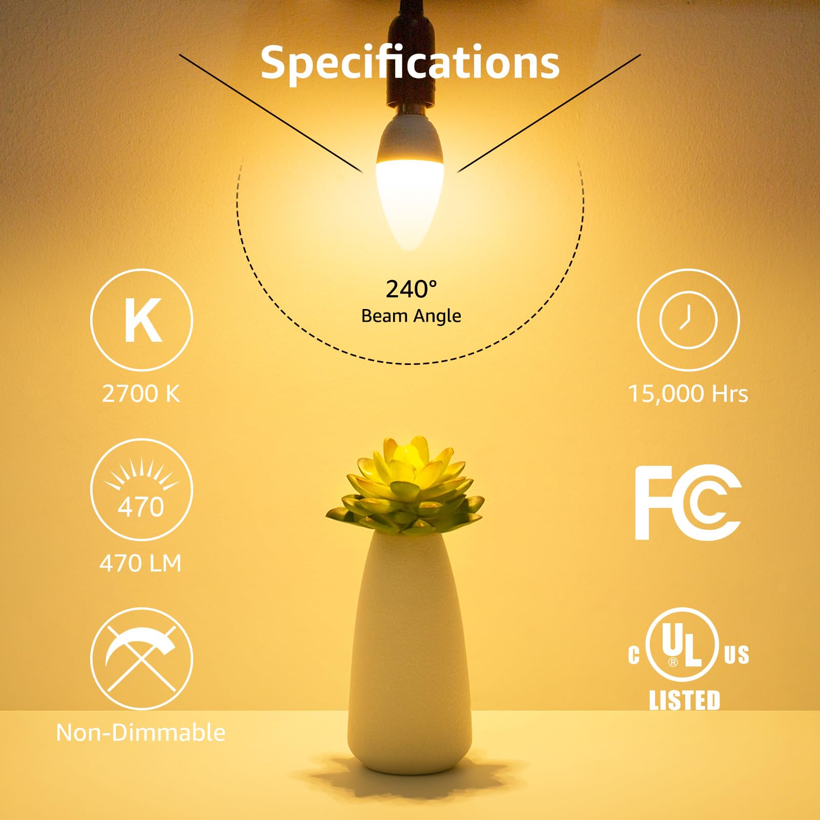 Lepro E12 Led Candelabra Light Bulbs, 5.5 Watt, 40 Watt Equivalent C37 B11 Ceiling Fan Bulb Chandelier Bulbs, 2700 Kelvin Warm W