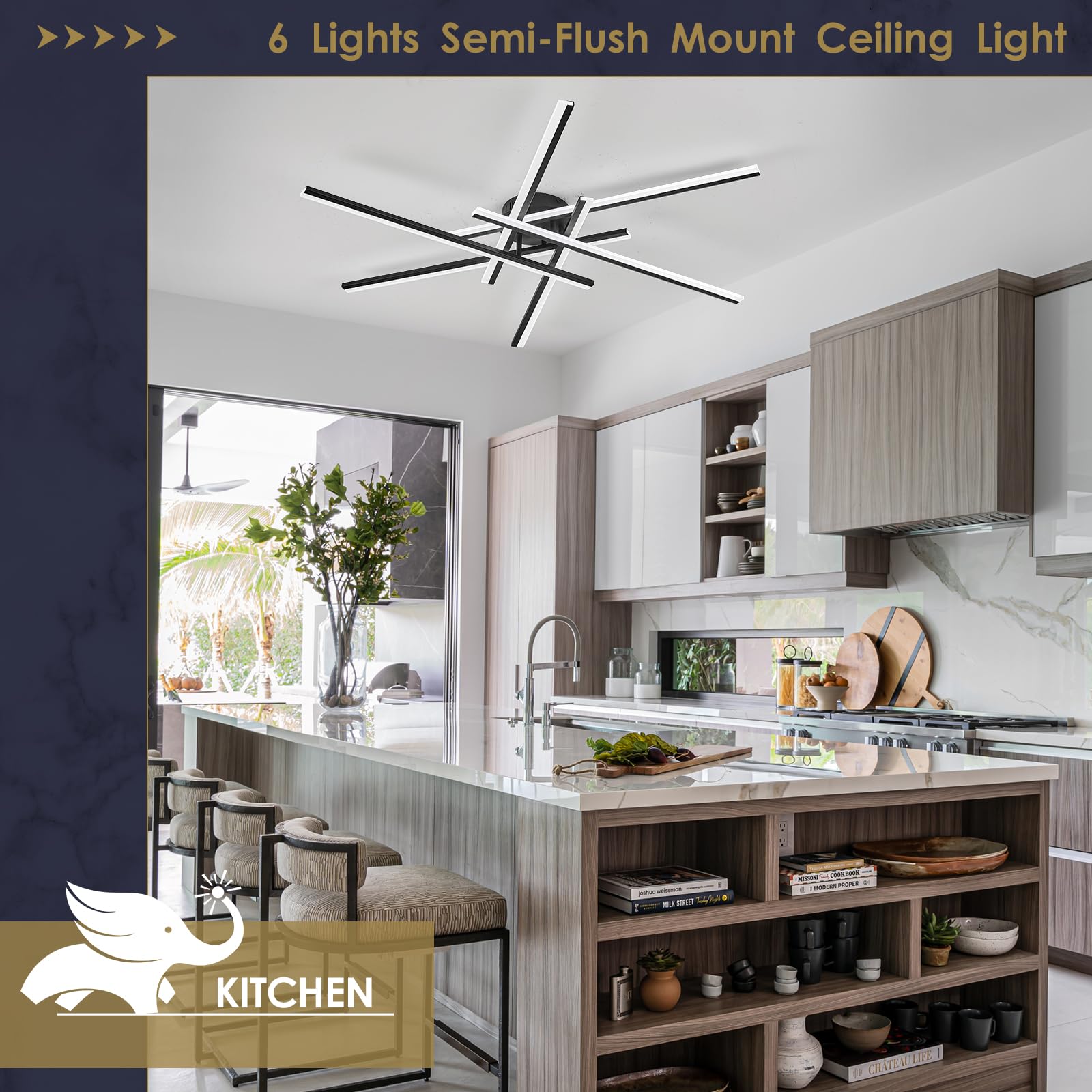 Airyphant Modern Led Chandelier With Remote Control  6-Lights Black Semi-Flush Mount Ceiling Lighting Fixture For Living Room  Bedroom  Dining Room 60W