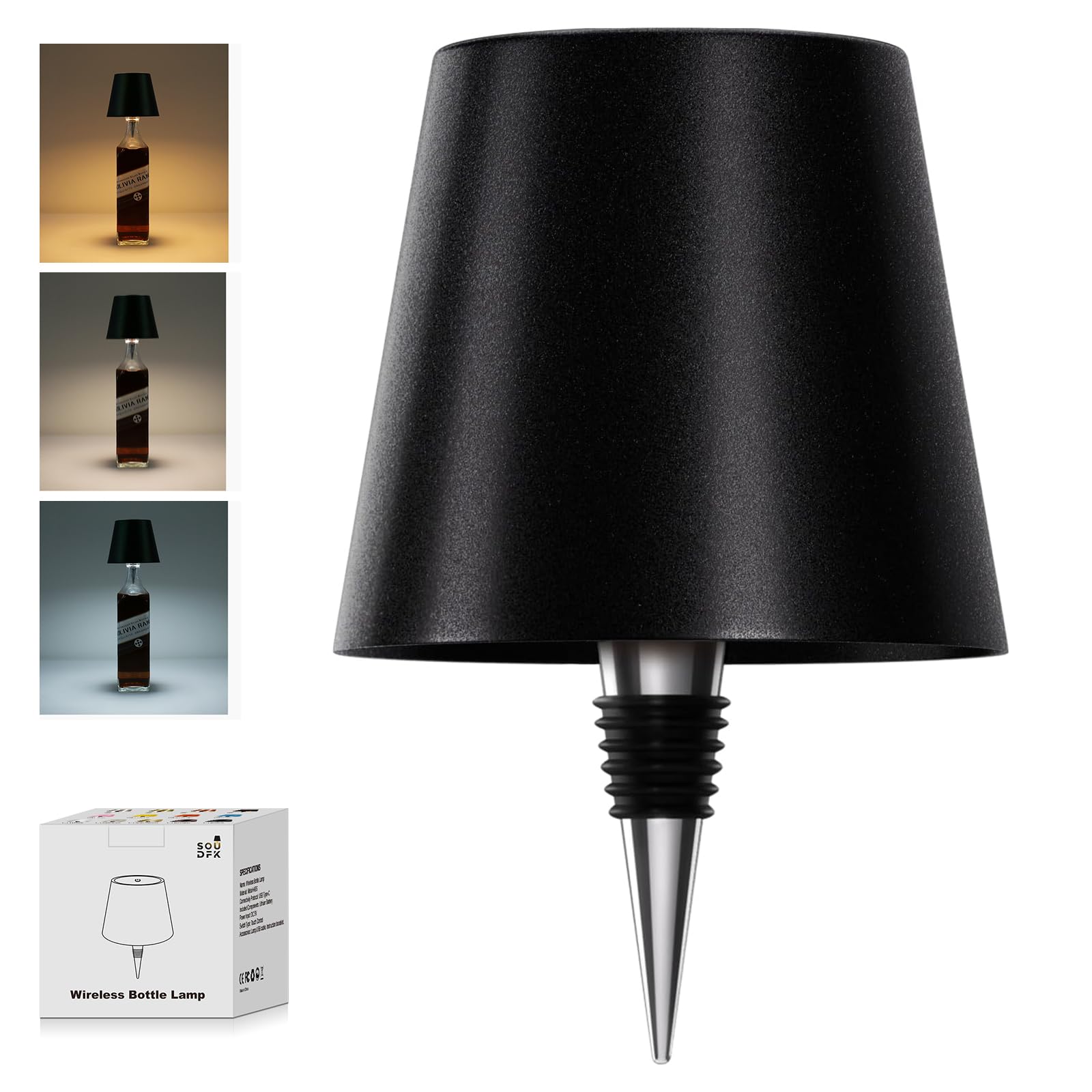 SOUDFK Wireless Bottle Lamp, 2024 New 3 Color Rechargeable Wine Bottle Lights for Bars Restaurants (Black, 1PC)