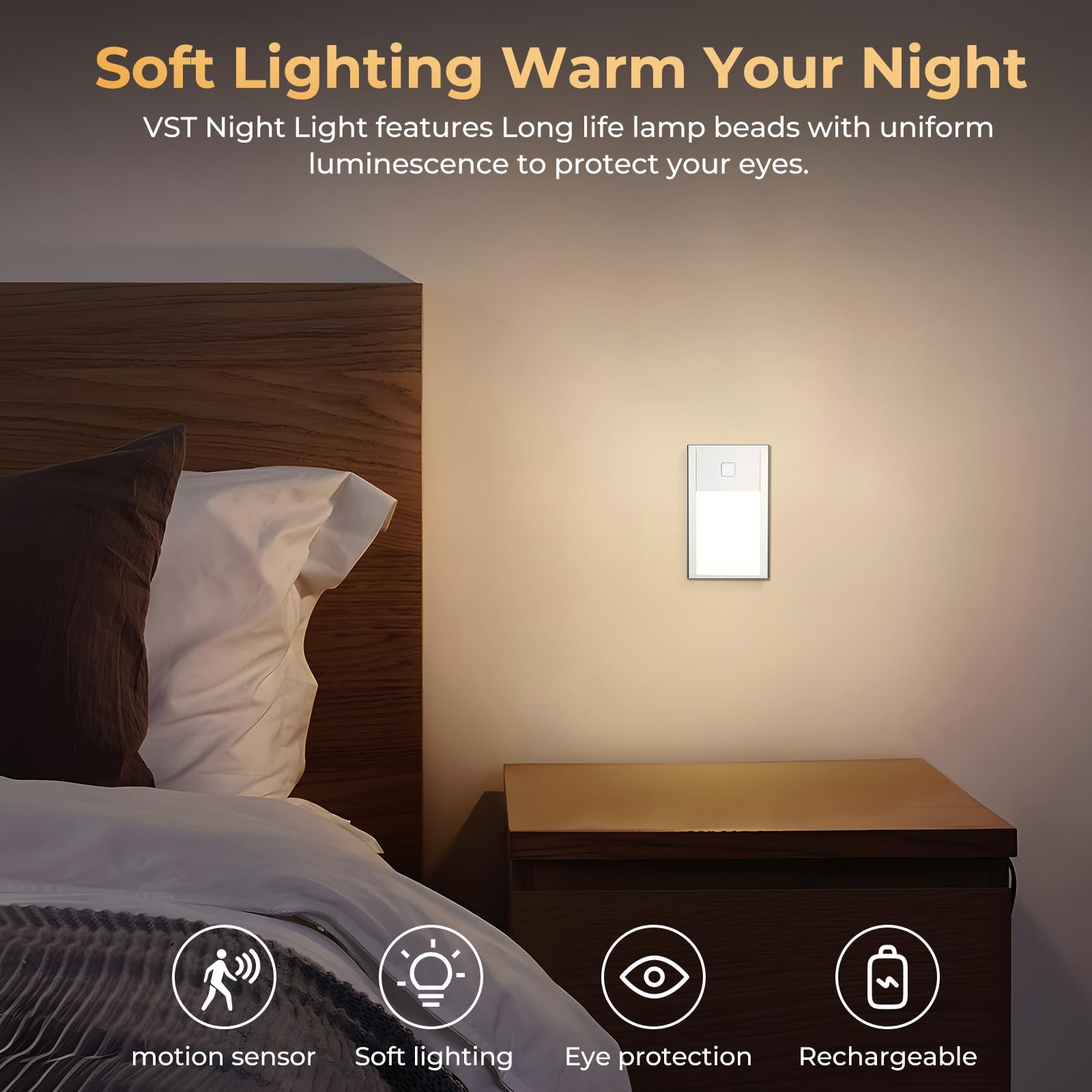 VST Motion Sensor Step Night Light, Rechargeable LED, 2.68in, 6-Pack, Silver, Model BT09-Silver