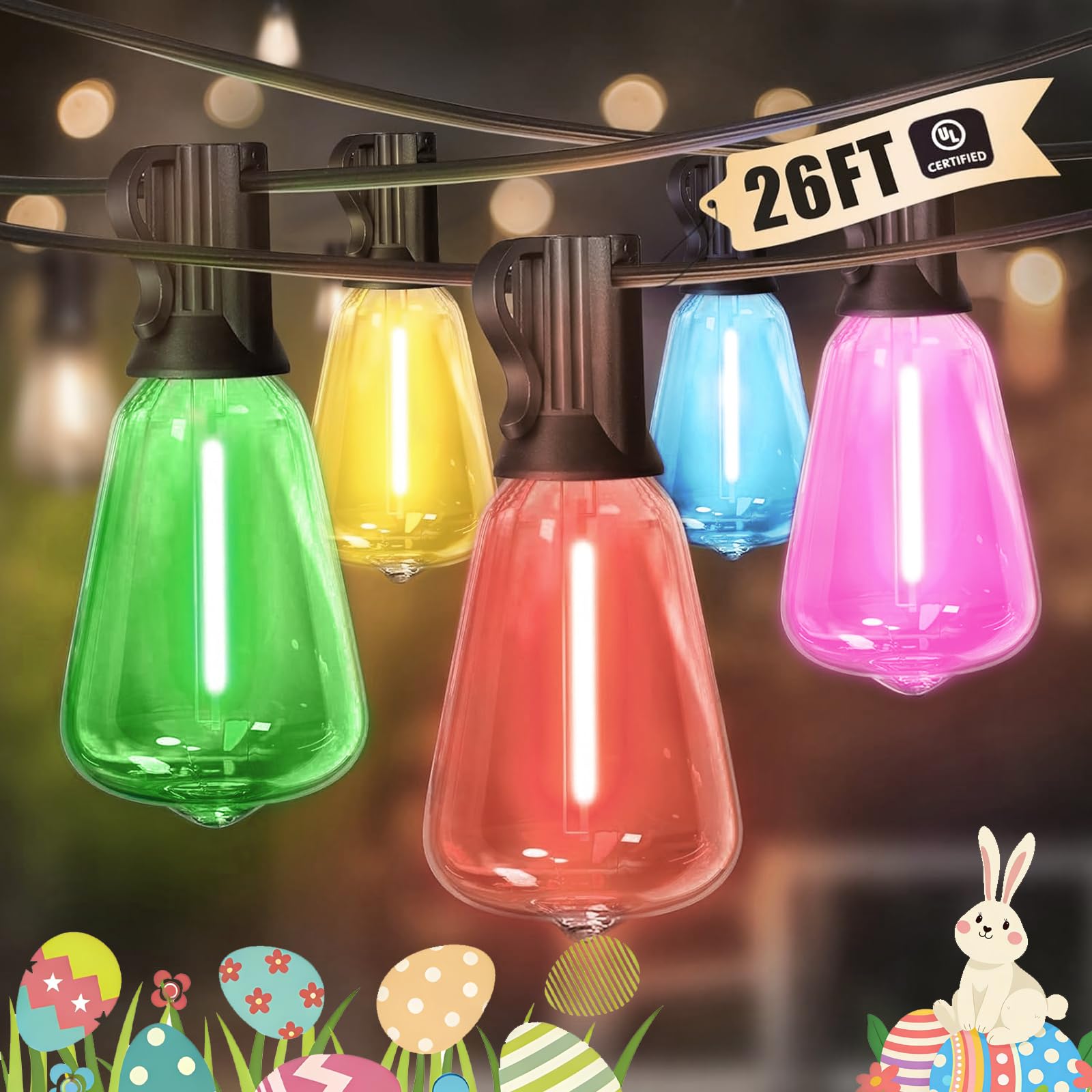 LAMPHOME 2-Pack 26FT ST38 Outdoor String Lights, Multicolor Shatterproof Edison LED Patio Lights, Connectable Waterproof Hanging