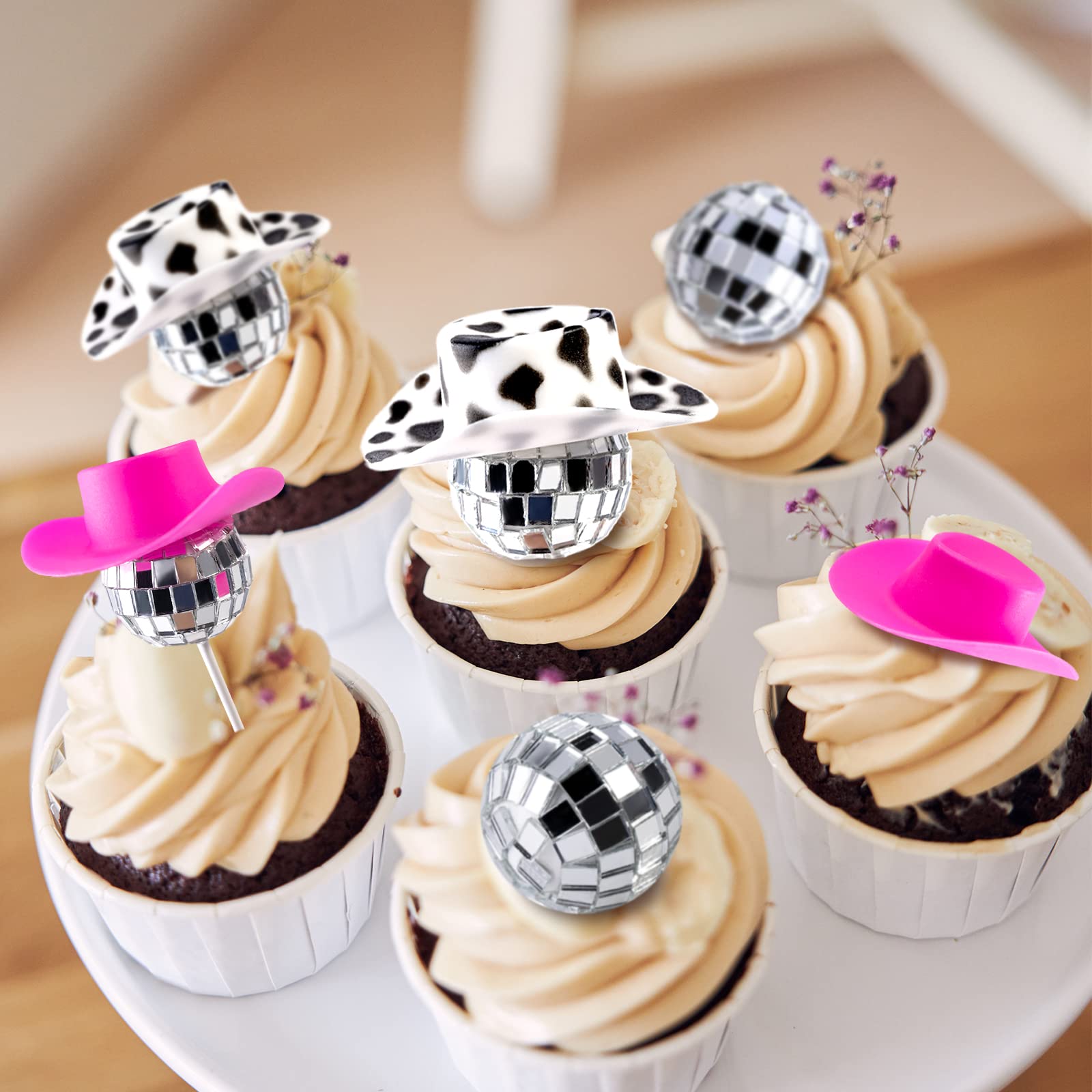 60Pcs Disco Cowgirl Pary Cake Decoration, 20Pcs Disco Ball Cup Toppers 10Pcs Mini Pink Cowgirl Hats 10Pcs Cow Print Cowboy Hats Westen Cowgirl Party Birthday Table Decor