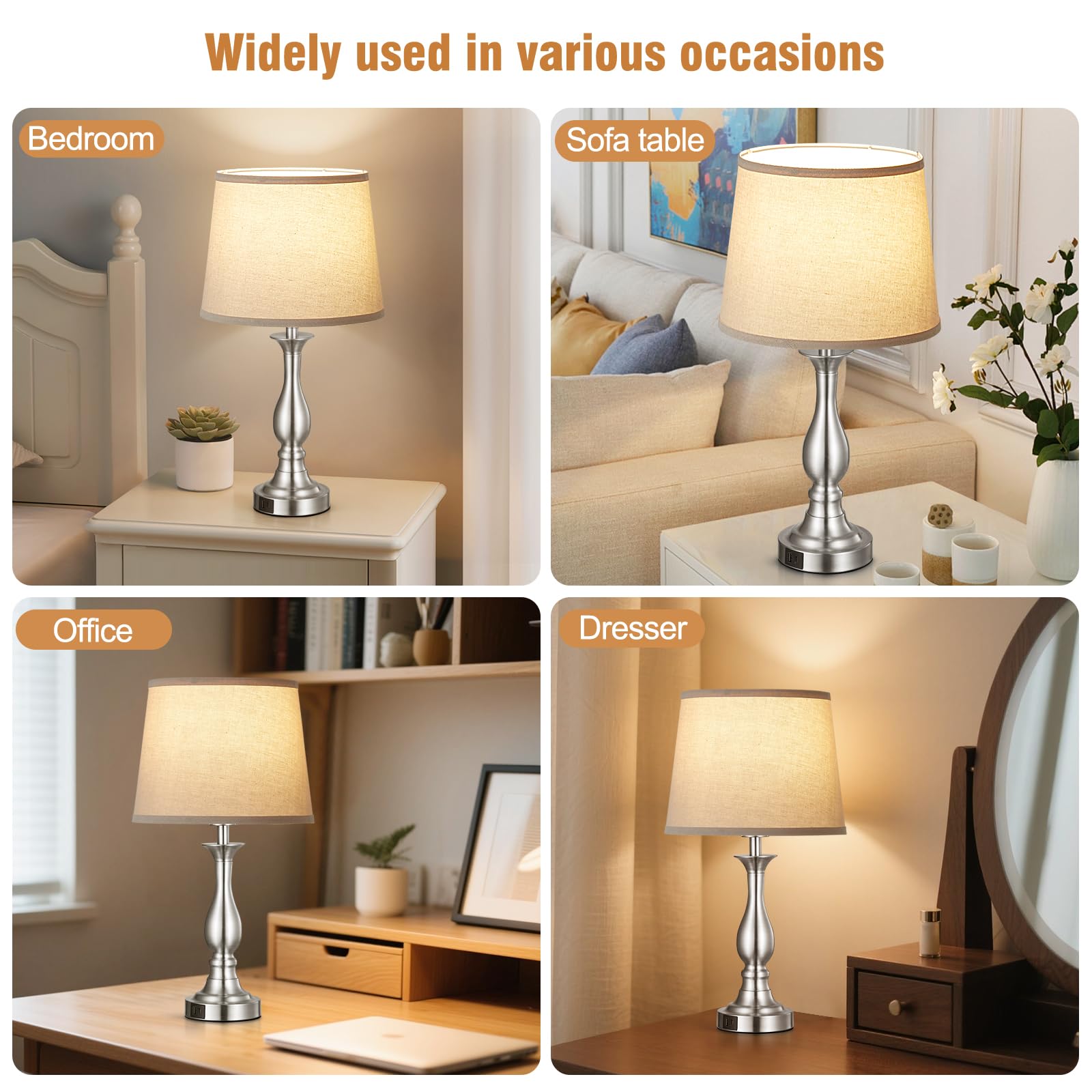 Lauag Bedside Table Lamp Touch Control 3 Way Dimmable with USB-C/A, Standard Size, Silver, Set of 2, Model L901