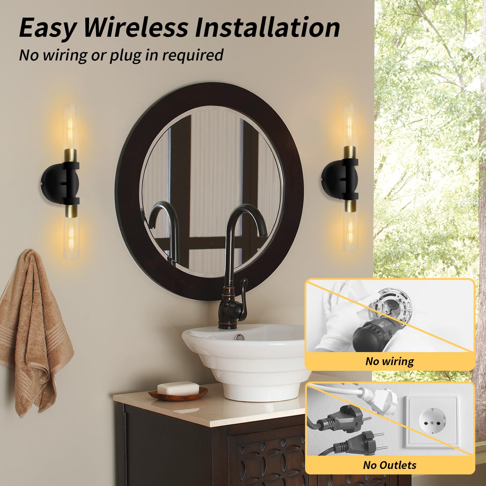 ThyFenno Rechargeable Dimmable Wall Sconce Set of 2, Touch Control, Black Gold & Clear Glass, Model TF-1T L3